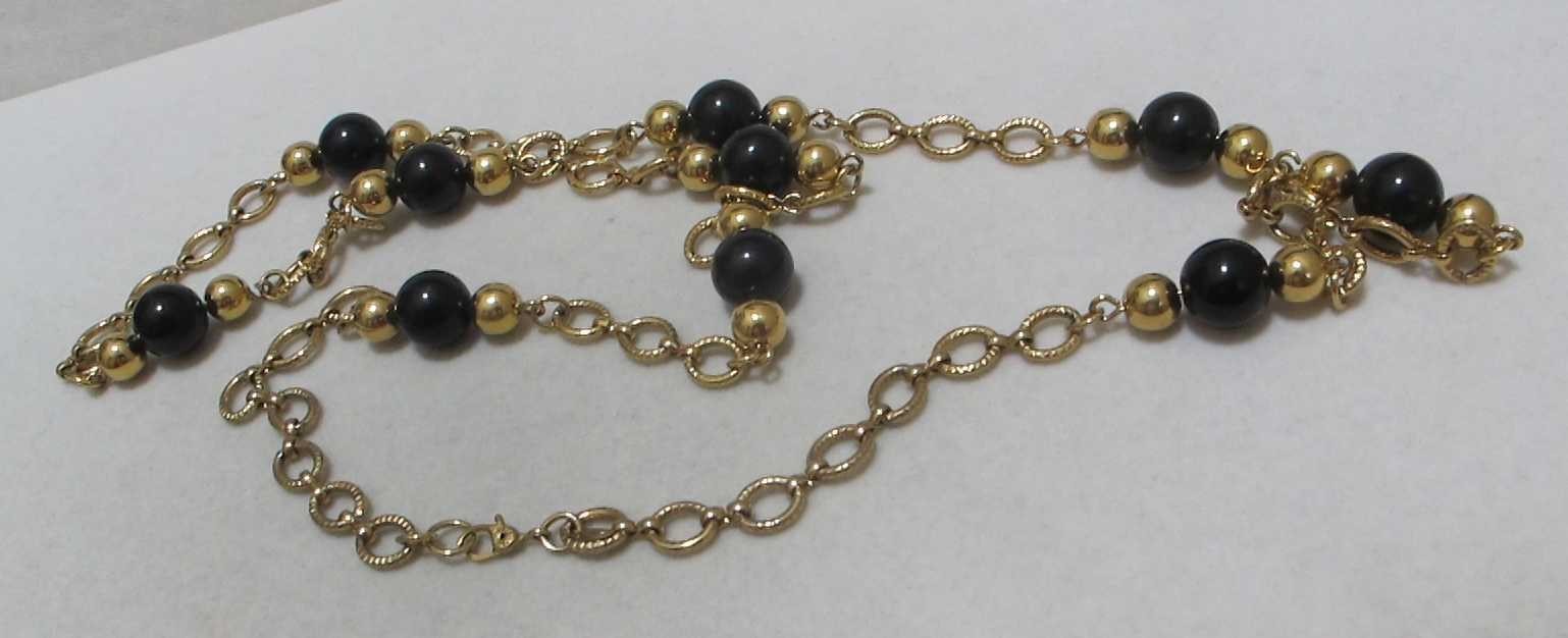 Vintage MONET Gold Tone Oval Links Black Bead Sister Clasp 34” Station Necklace