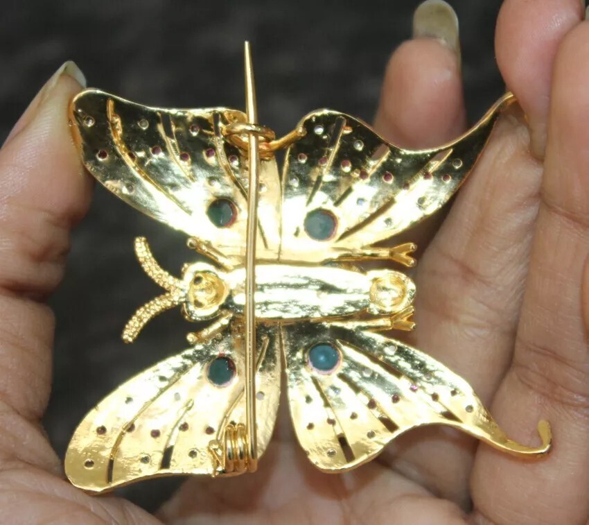 2.40ct Rose Cut Diamond Ruby Emerald Pearl 925 Silver Butterfly Brooch Pin