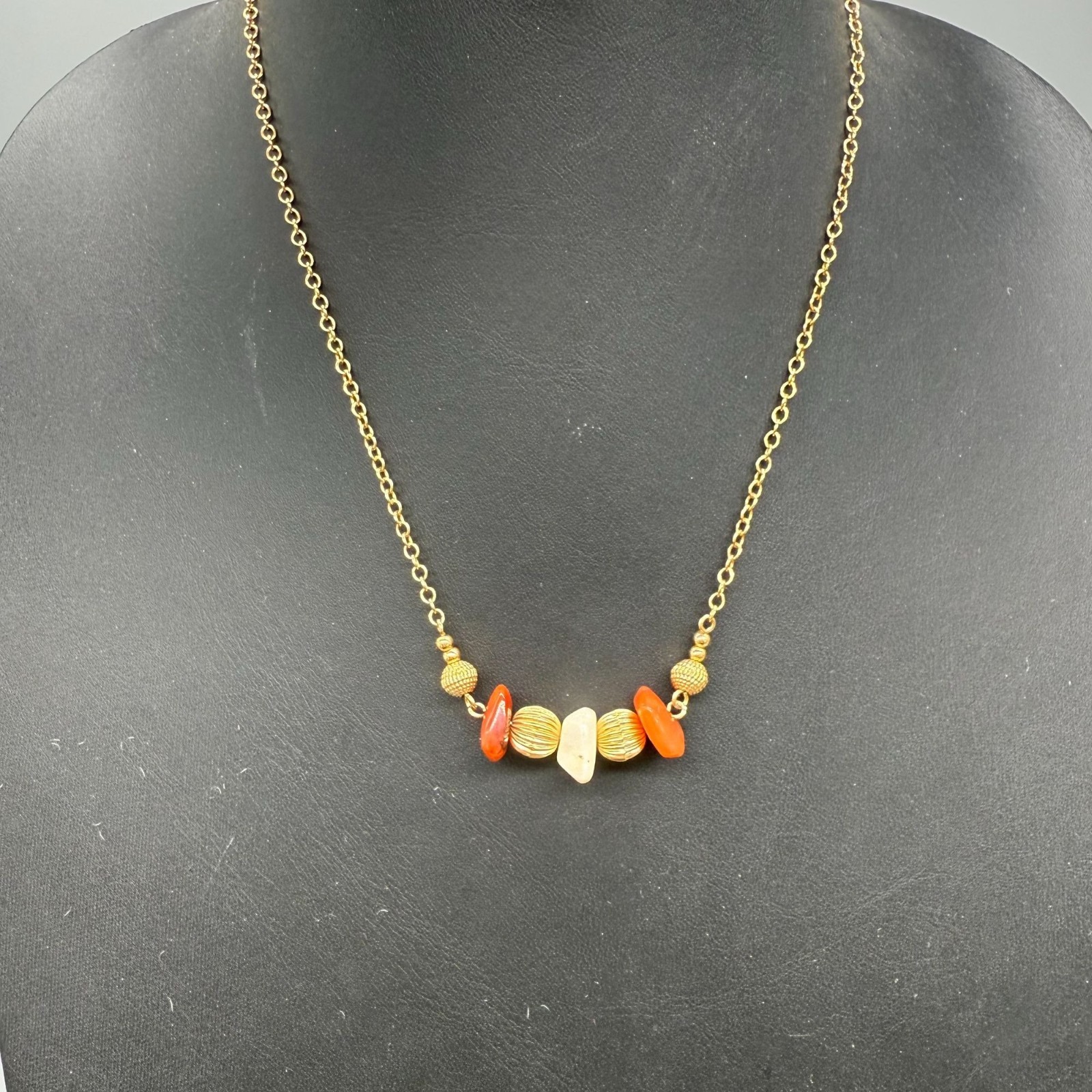 VTG Avon Necklace Beaded Gold Tone Orange Cream Signed 18.5 Inches