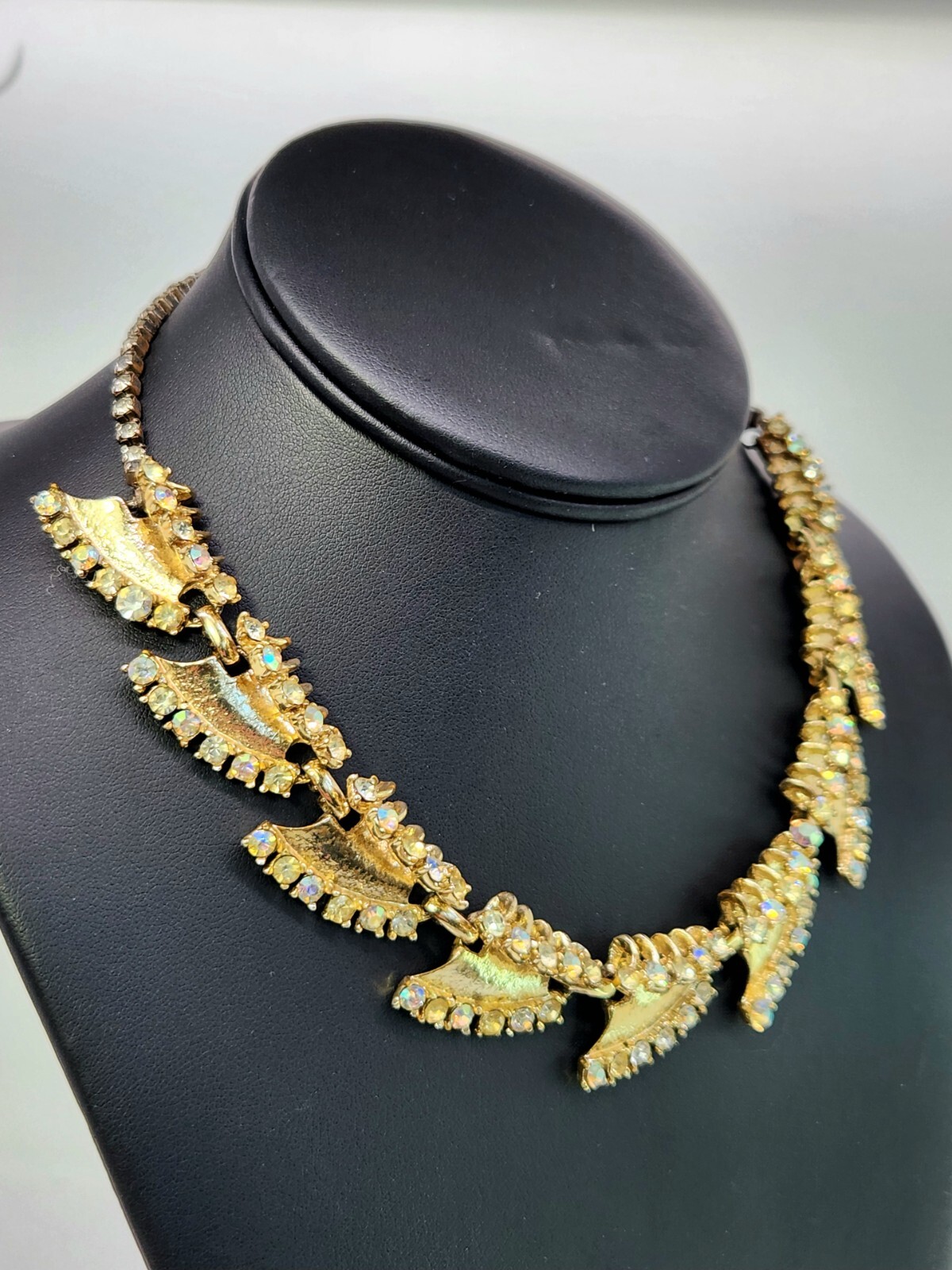 Vintage Brutalist 15″-17″ Choker Necklace AB Rhinestones Statement Piece 1950s