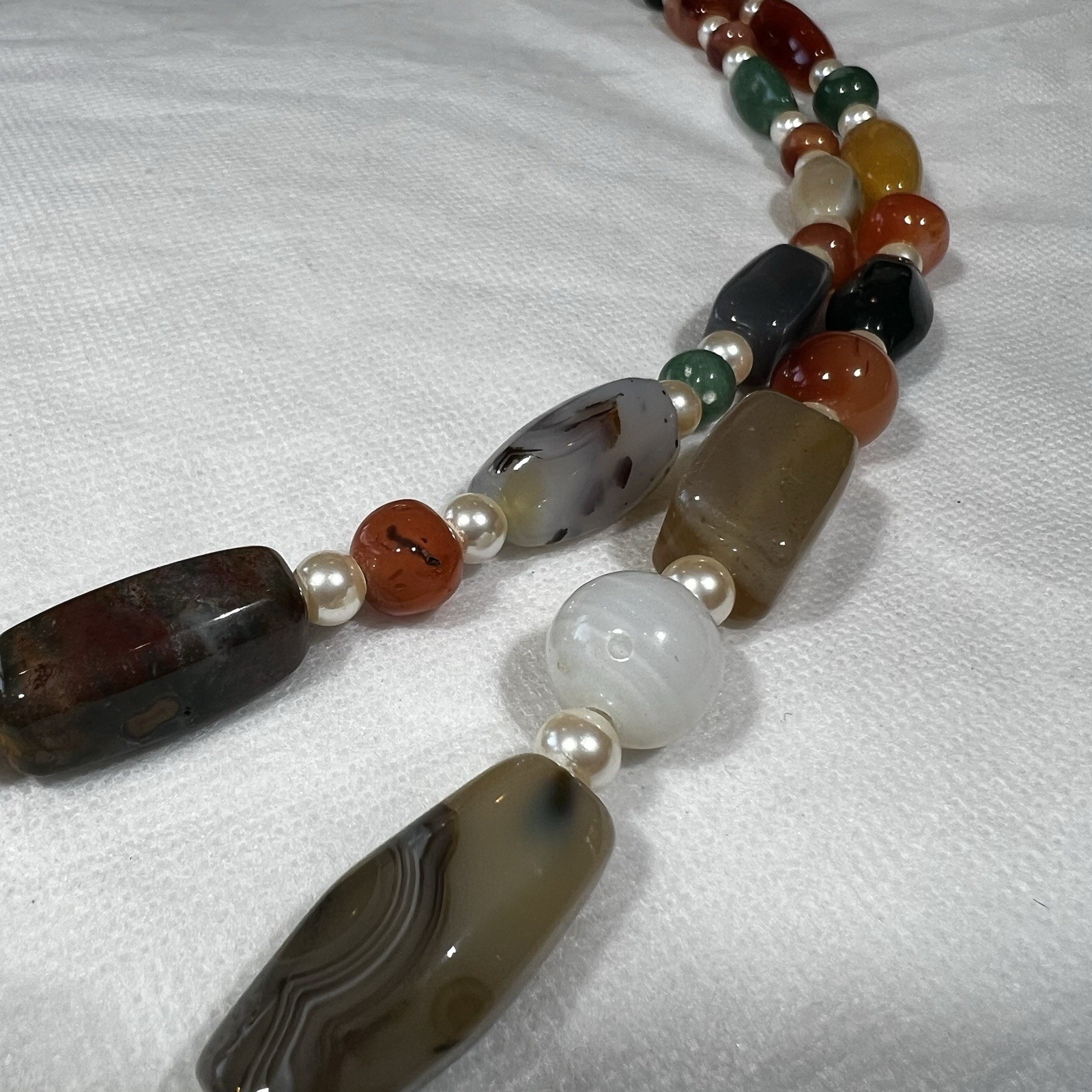 2 Vintage 1960s Semi-Precious Stone Polished Agate Quartz Silver Bead Necklace
