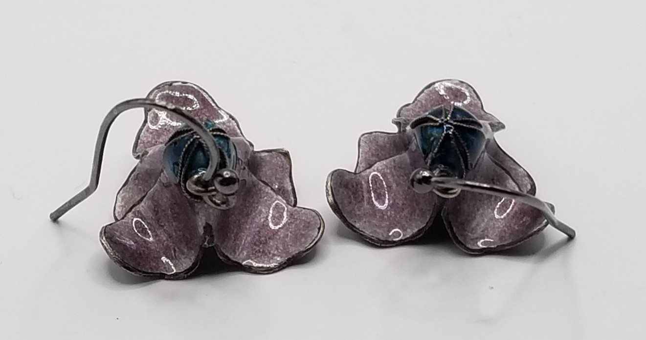 Vtg 925 Sterling Silver Purple & Blue Enameled 3D Pansy Flower Dangle Earrings