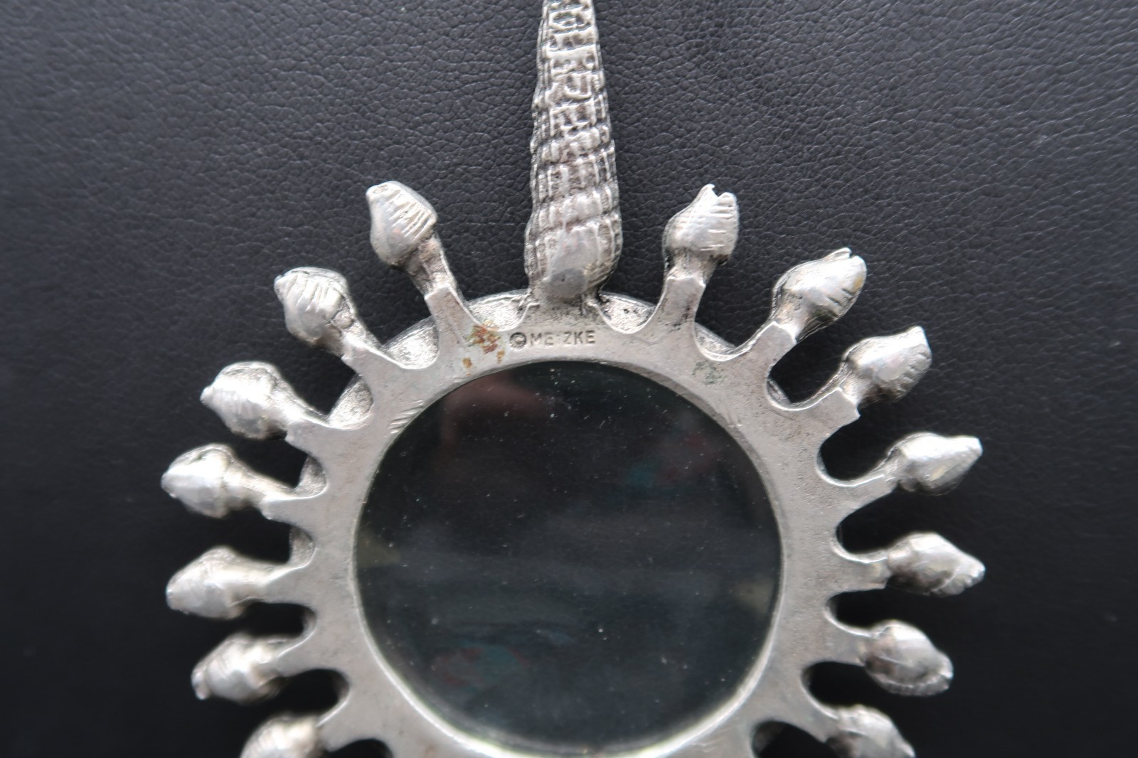 Vtg Pewter Sunburst Magnifying Loupe Pendant Necklace Metzke Signed Shell Bail