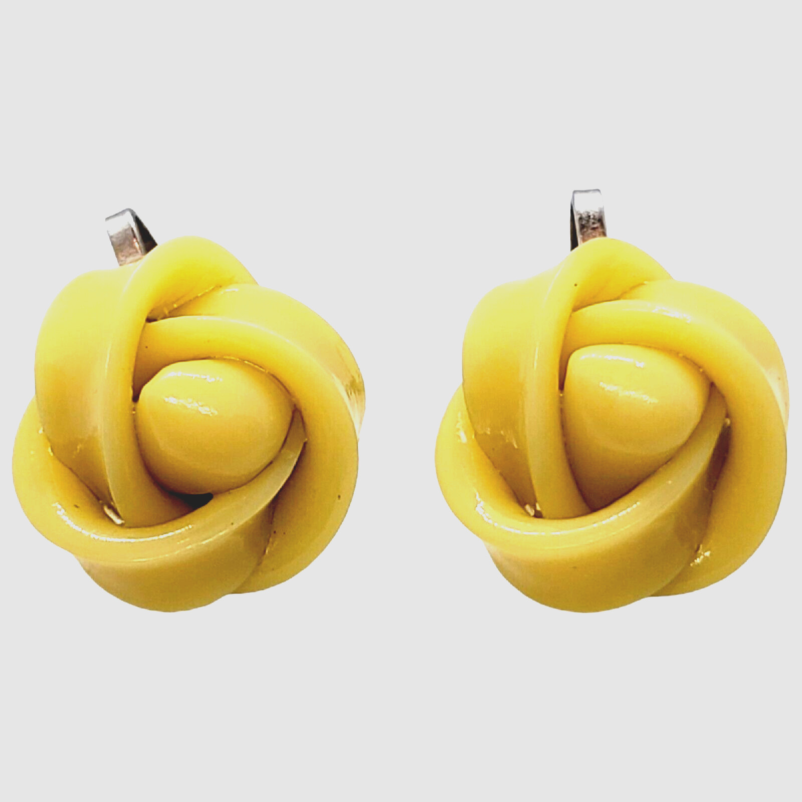 Vintage Celluloid Screw Back Earrings Yellow Rose Knot Silver Tone .5″