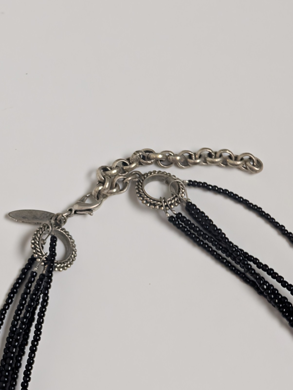Vintage Black Beaded Necklace with Large Silver Tone Pendant – Gothic Boho Style