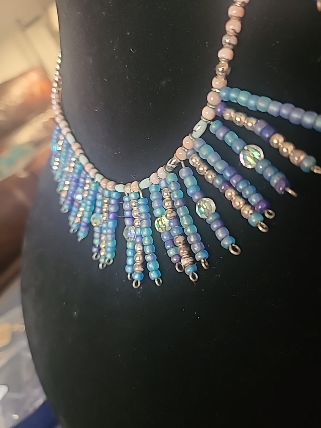 Vintage Artisan Crafted 925 Toggle Side Clasp Tassel Necklace Blue Pinks Silver
