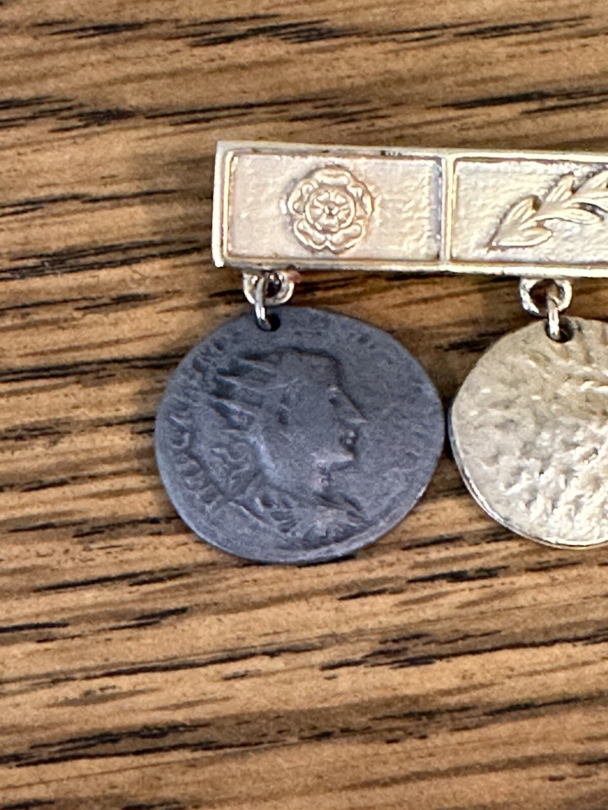 Vintage Brooch Pin ~ 4 Coin Charm Runway Bar Dangle Drop Mixed Metals ~ 2.75″