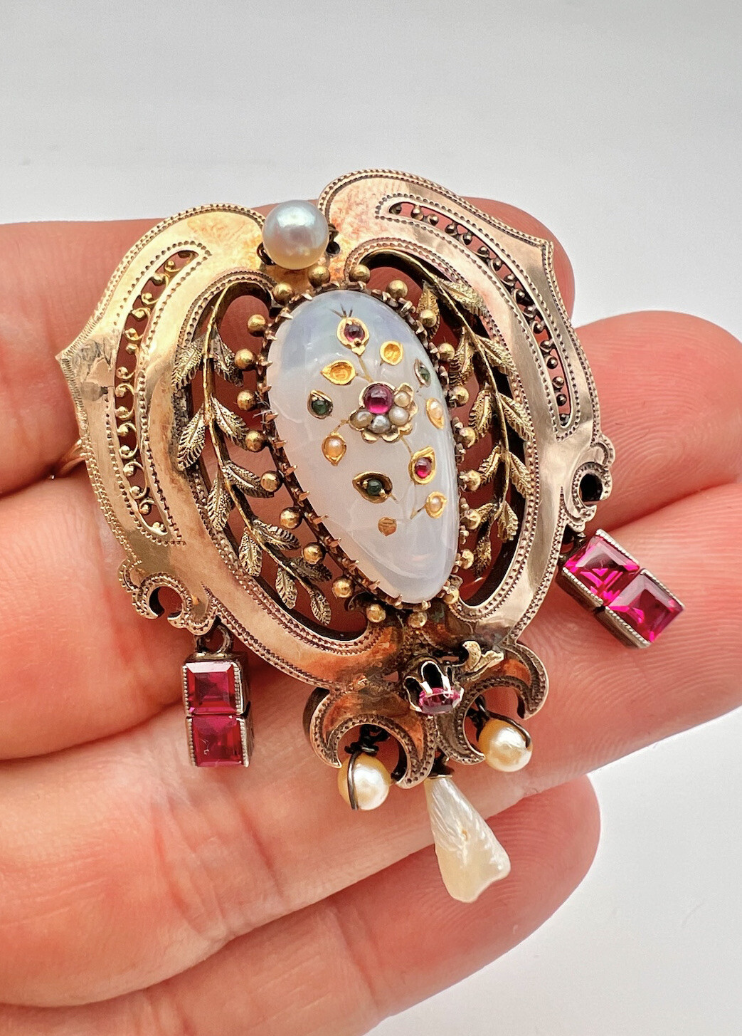 Victorian 14k Yellow Gold Rose of Sharon Opal & Ruby Emerald & Seed Pearl Brooch