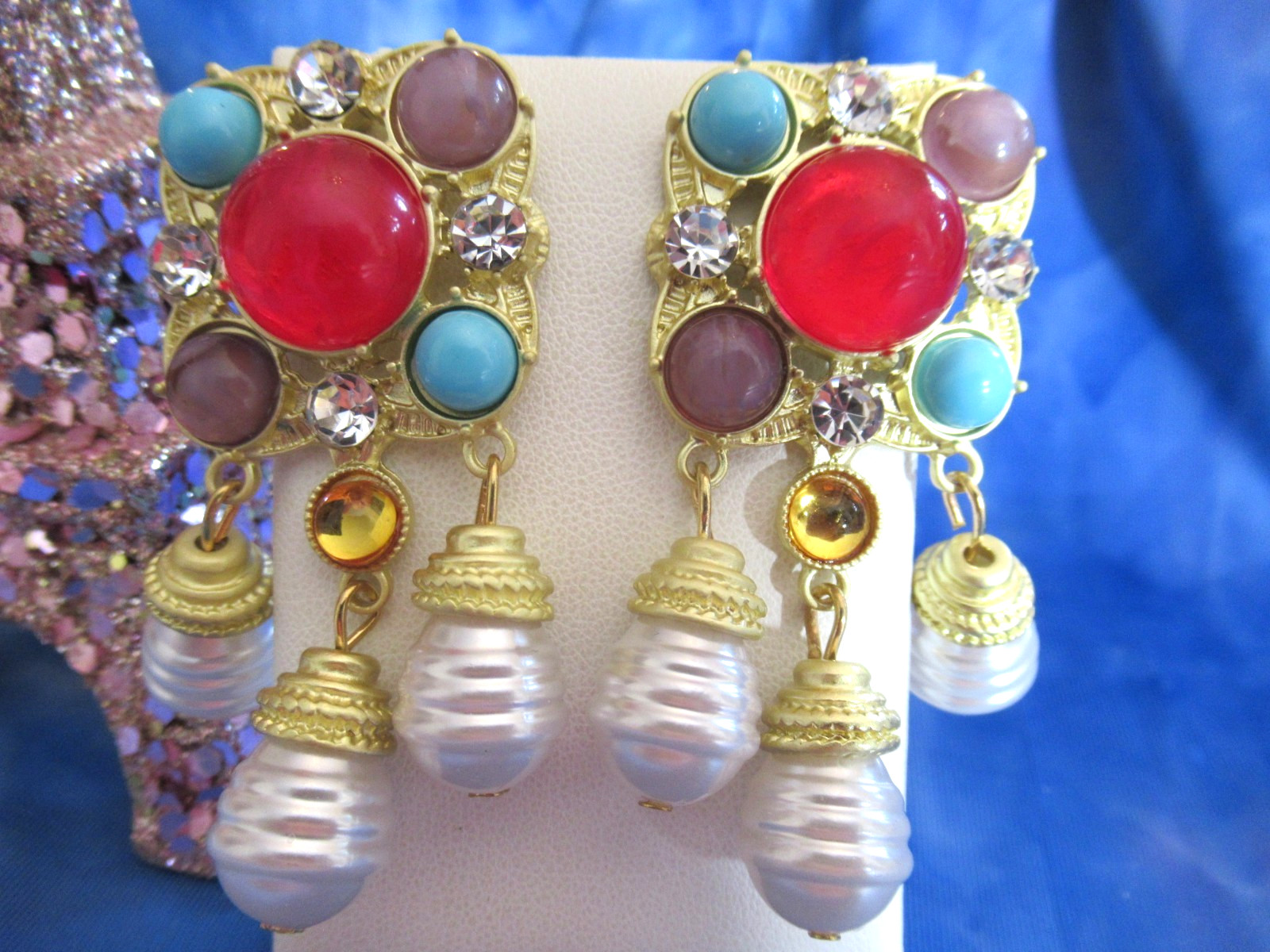 Ornate Style Cabochon Earrings Gold Tone Multi-color Faux Pearl Pierced