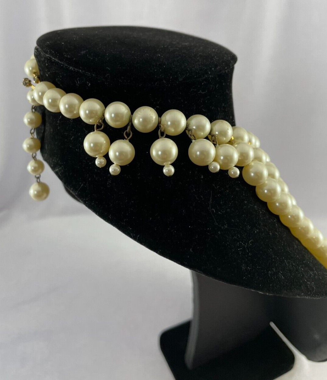 Vtg MARVELLA Fringe Bib Collar Faux Pearl Black Faceted Crystal Choker Necklace