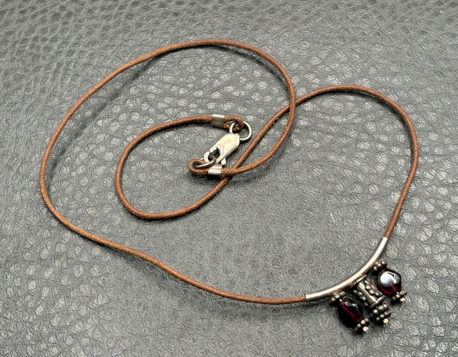 Vintage Garnet Cabochon Leather Cord Necklace Sterling Silver Pendant Choker