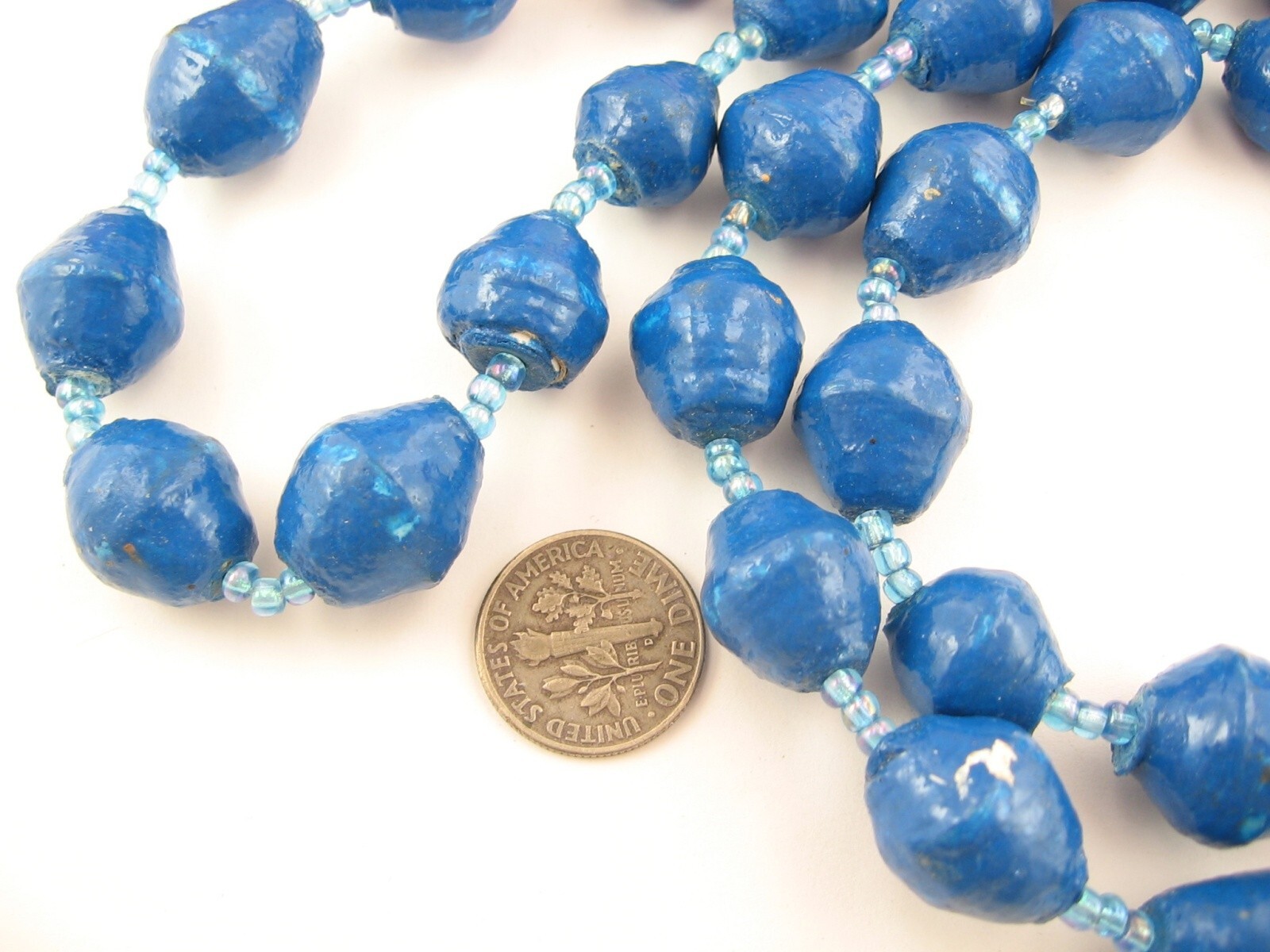 ODD BRIGHT BLUE BEADS Vintage Handcrafted Coated Bicone Beaded Necklace 44″