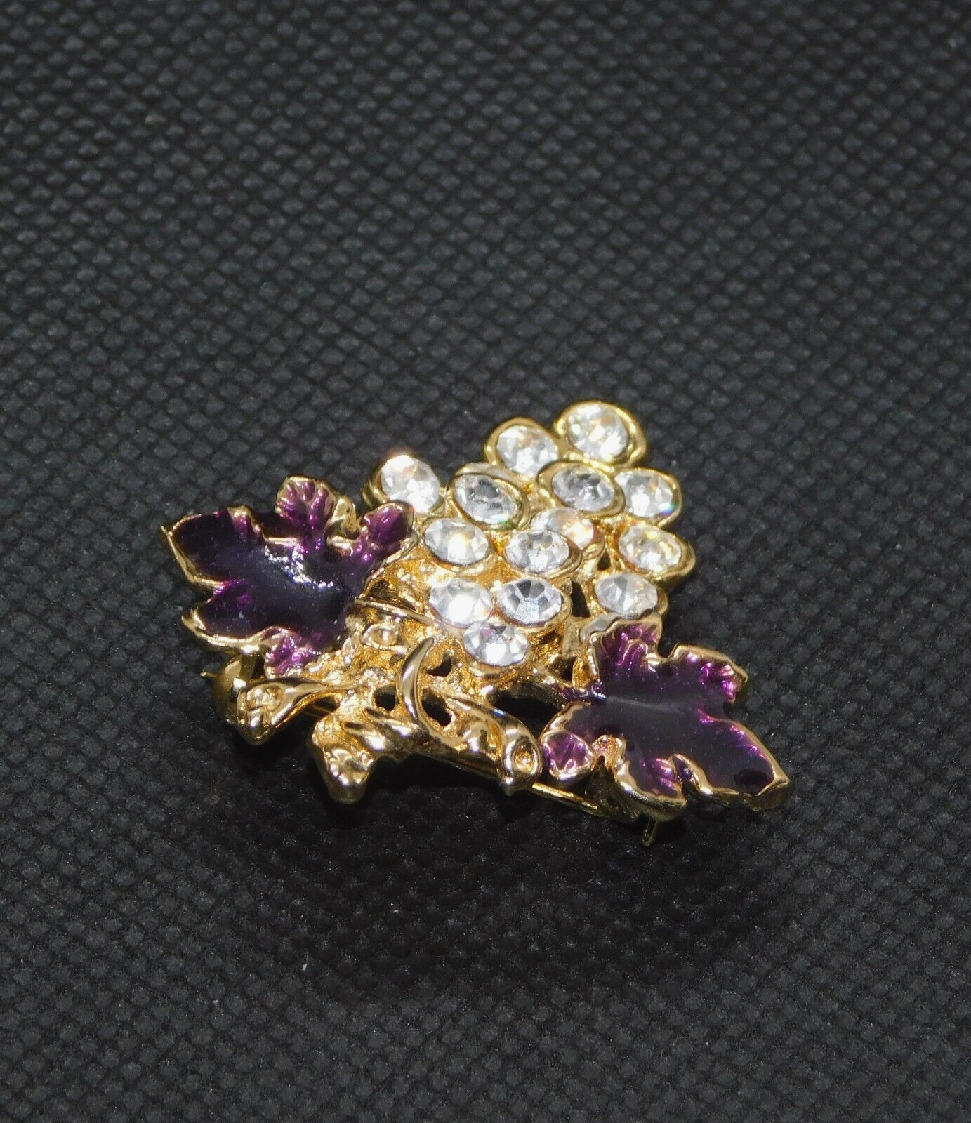 Grapes Vintage Pin Brooch Gold Tone White Rhinestone Purple Enamel Jewelry
