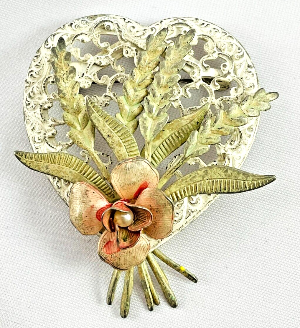 Vintage White Wash Enamel Heart Floral Spray Wheat Brooch Pin Stamped Layered