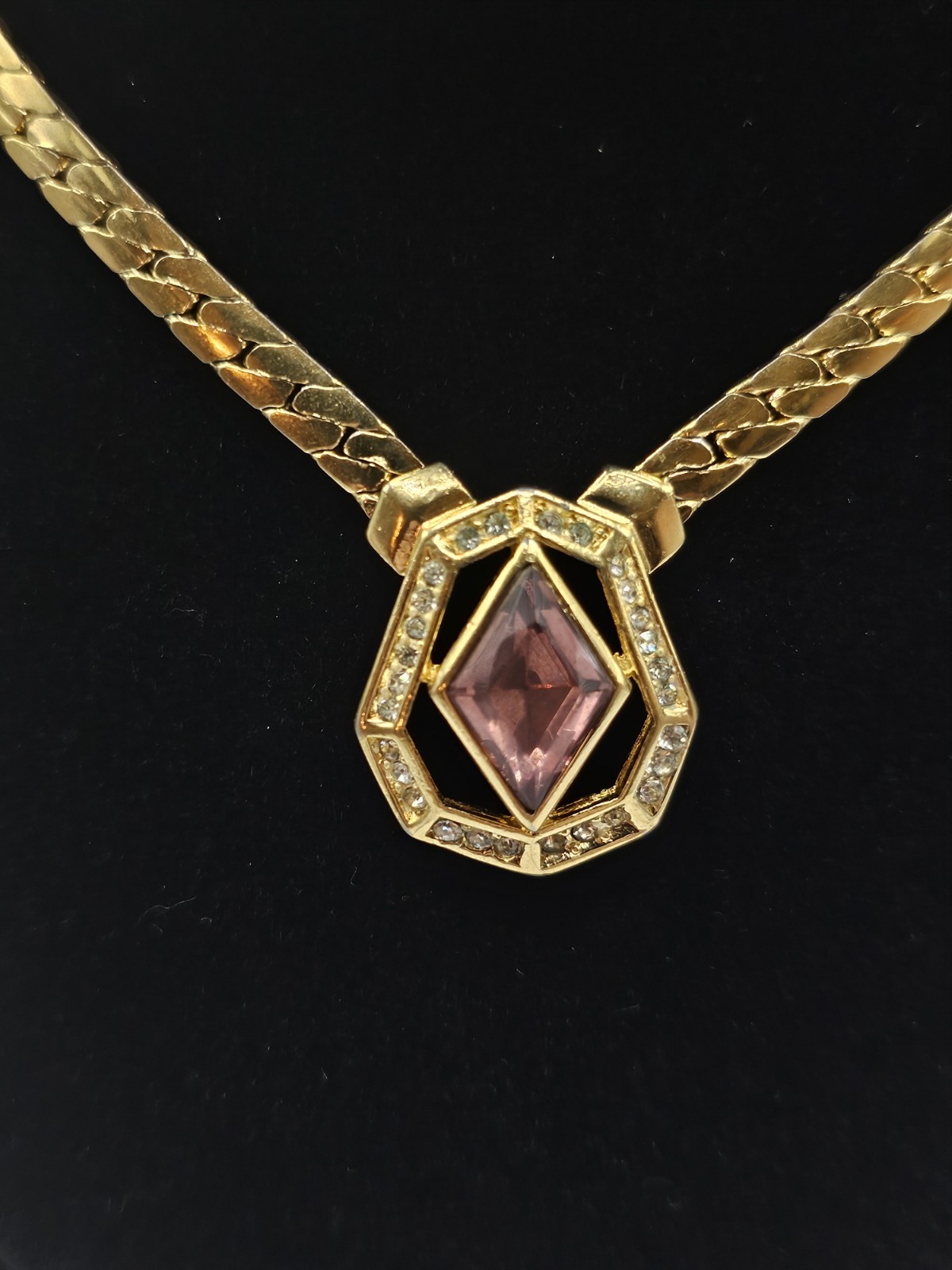 Vintage Christian Dior Gold Tone Necklace w/Purple Lozenge Cut Stone