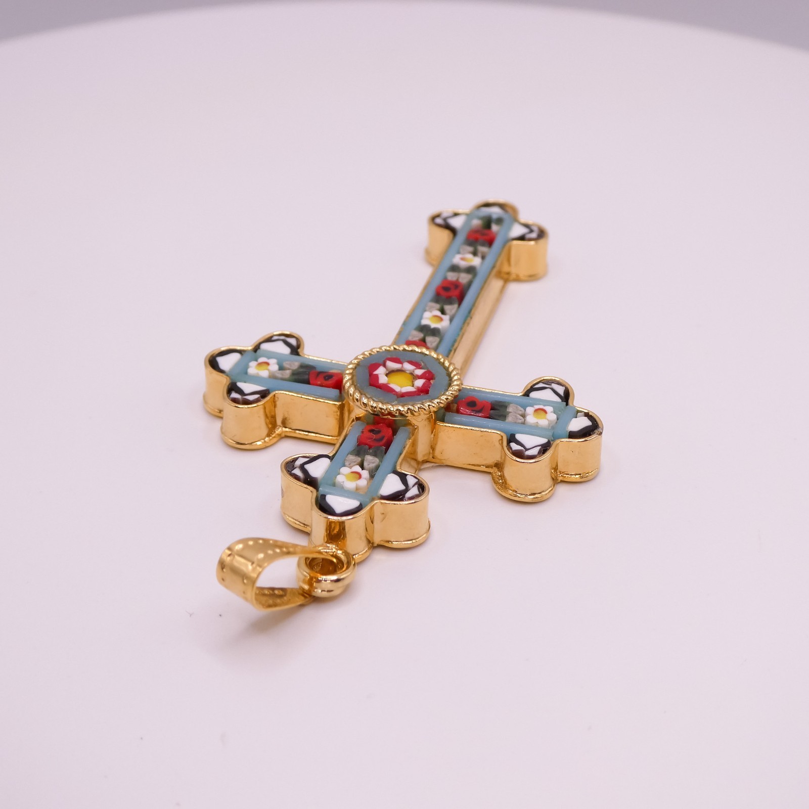 Vintage Italy Micro Mosaic Made In Italy Blue 2.7″ Large Gold Cross Pendant