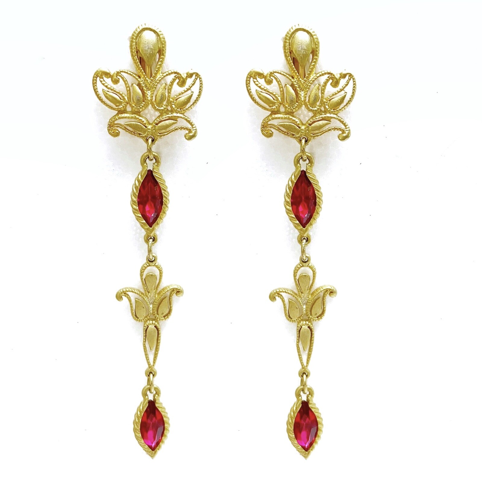 Vintage Matte Goldtone Scroll Red Fuchsia Gem Jewel Dangle Drop Clip On Earrings