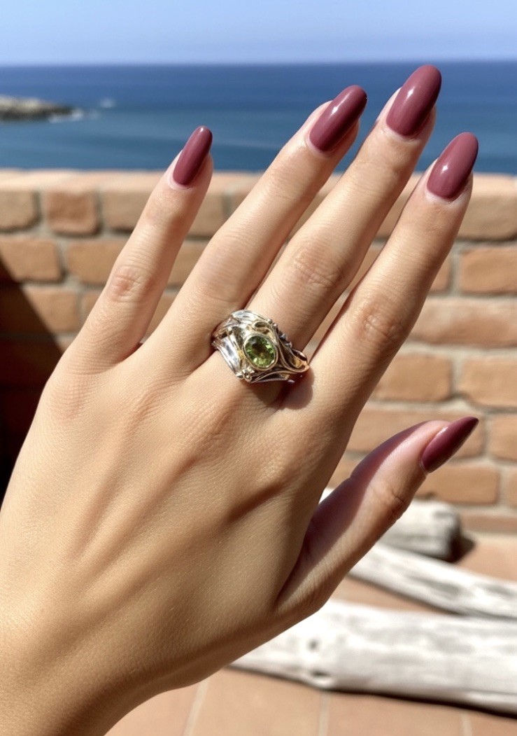 Vintage Art Nouveau Style Peridot Sterling Silver and 14K YG Vermeil Ring Size 8