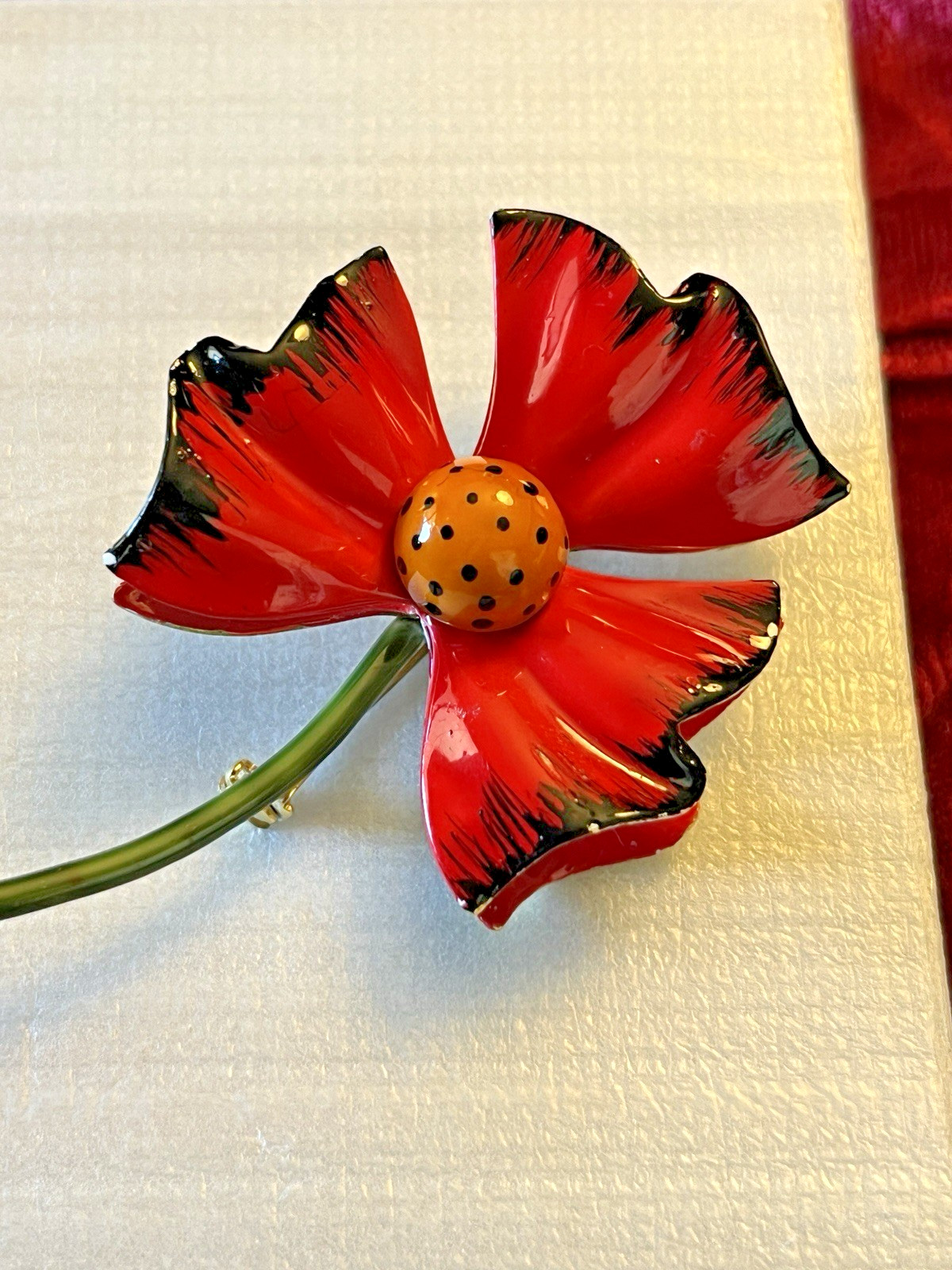 Vintage Original by Robert Enamel Red Flower Brooch Pin Signed Designer 1960’s