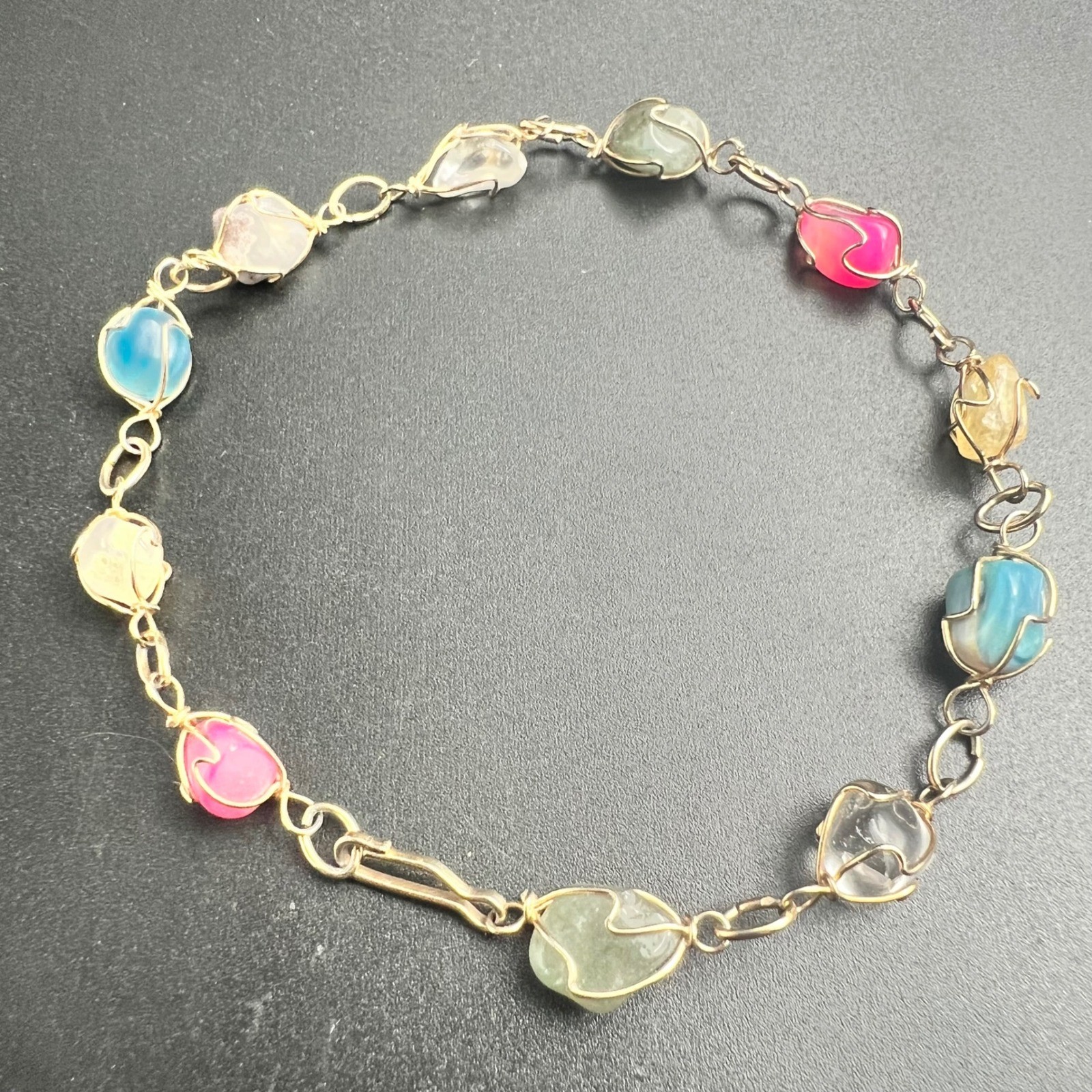 Multi Color Tumbled Stone Wire Wrapped Cage Link Necklace 18″ Vintage 1990s