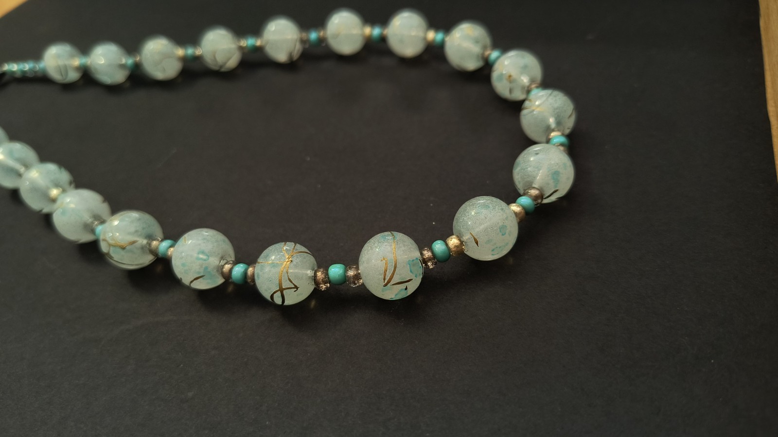 VTG Turquoise & Hand painted Glass Beads / 18″ Necklace, 1900s Venetian Murano