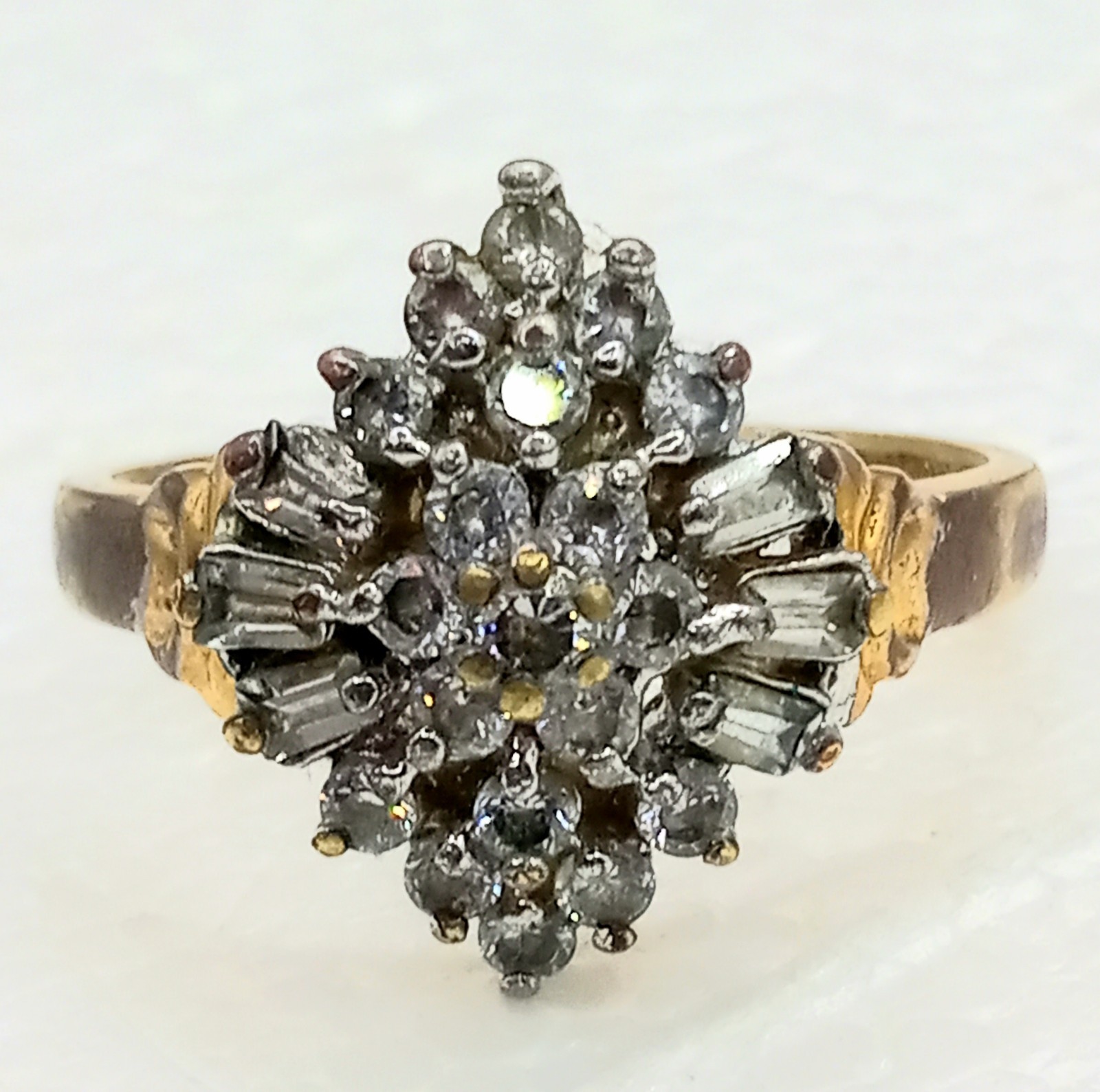 Vintage Womens Cluster Ring Baguette & Round Rhinestones, 14Kt Plated Size 6.25