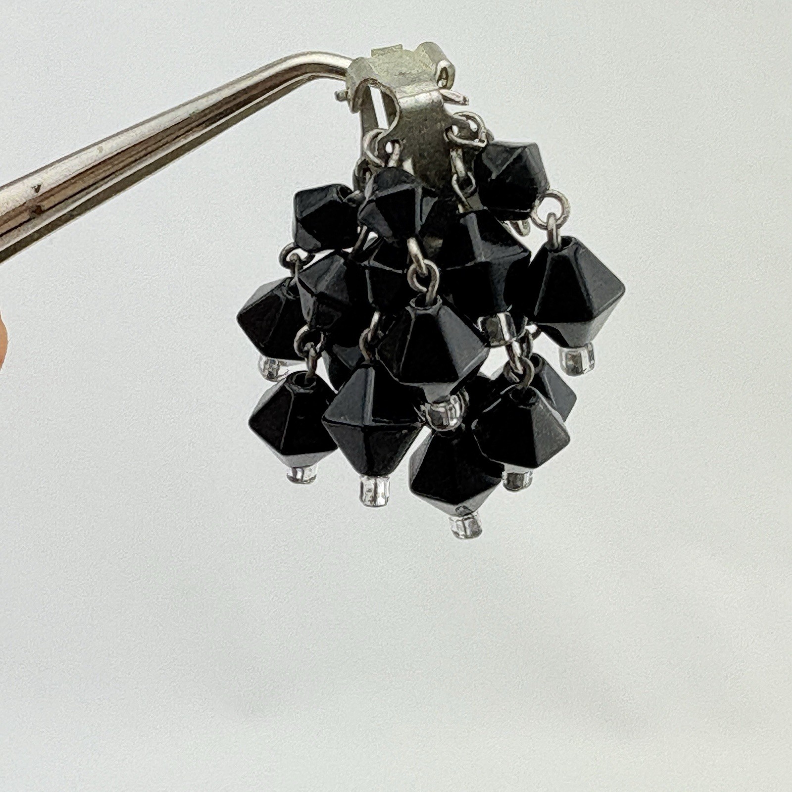 Vintage Japanese Black/Clear Glass Bead Cluster Dangle Earrings Clip On