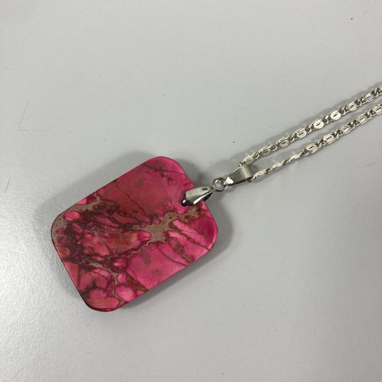 Polished Pink Stone Pendant 2.5″ Rounded Rectangle 19″ Silvertone Chain Necklace