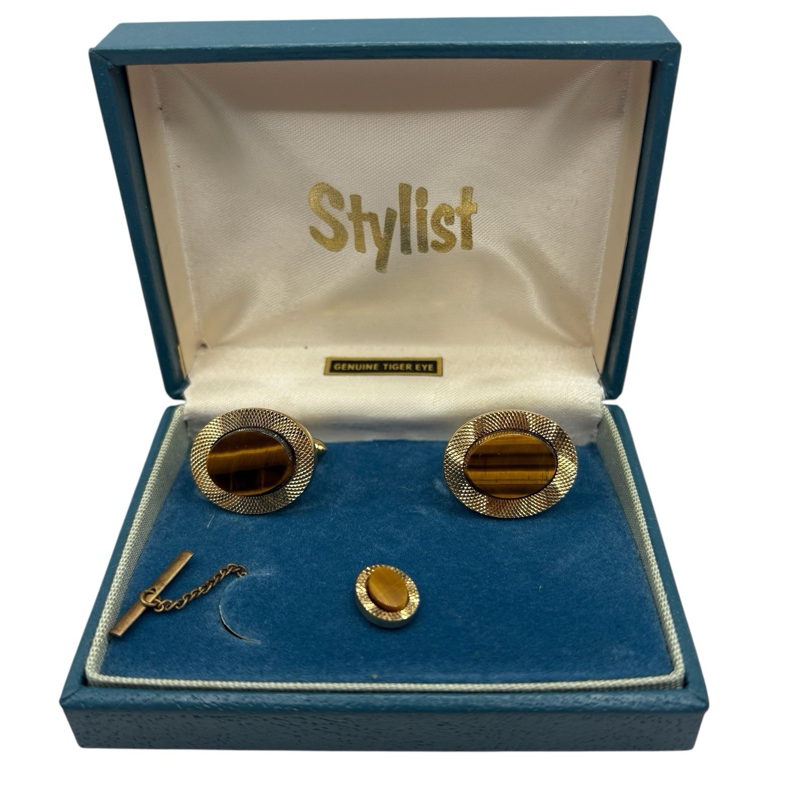 La Mode Genuine Tiger’s Eye Cuff Links & Tie Clip Set In Box Gold Tone Vintage