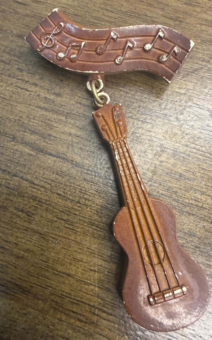 Vintage Guitar Brooch Pin Dangling Musical Notes Retro Music Celluloid
