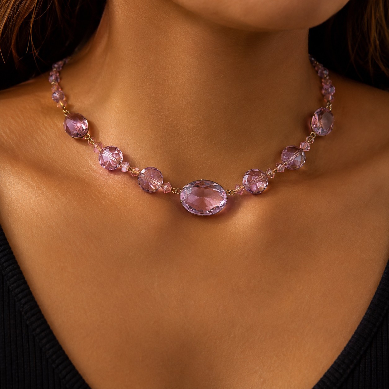 Vintage Art Deco Amethyst Purple Glass Bead Necklace Faceted Prong Set Czech
