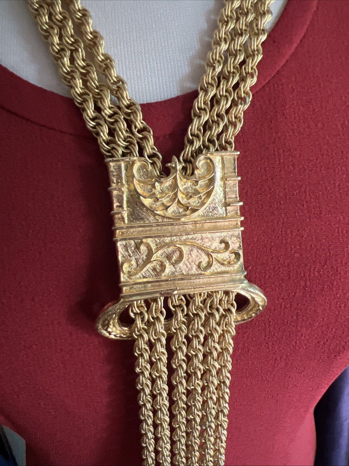 French Couture Gold Plate Etruscan Lariat Statement Necklace