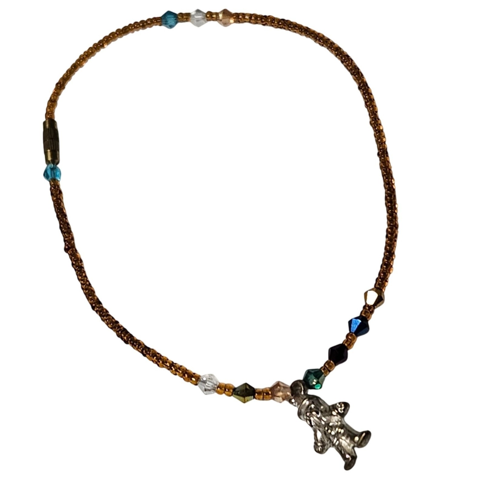 Vintage Handmade Beaded Choker Necklace Silver Toned Gnome Leprechaun Charm