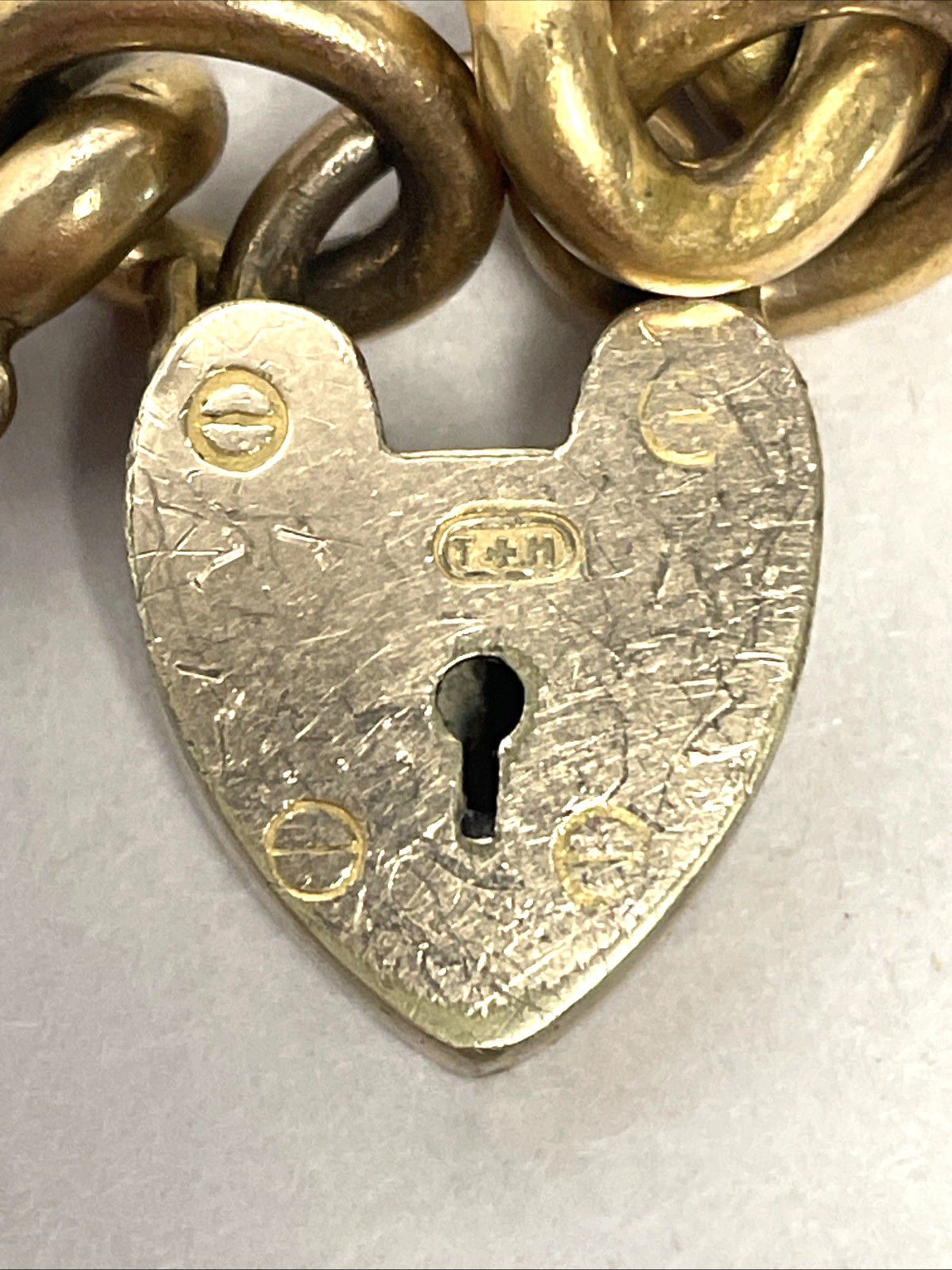 Heavy 34g Antique Victorian T*H Gold Filled Curb Link Bracelet Heart Padlock 7″