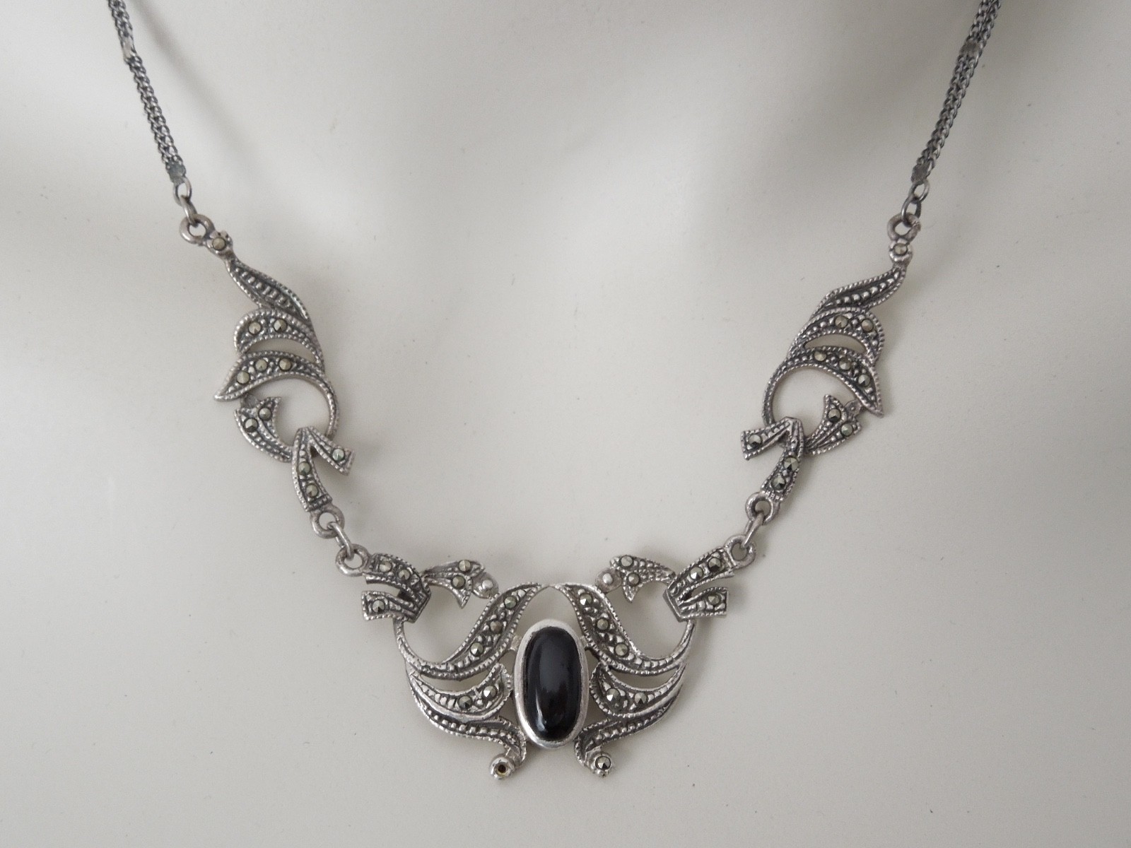 925 Silver Necklace Collar With Markasites Onyx Black Vintage 13.0 G/45 Cm