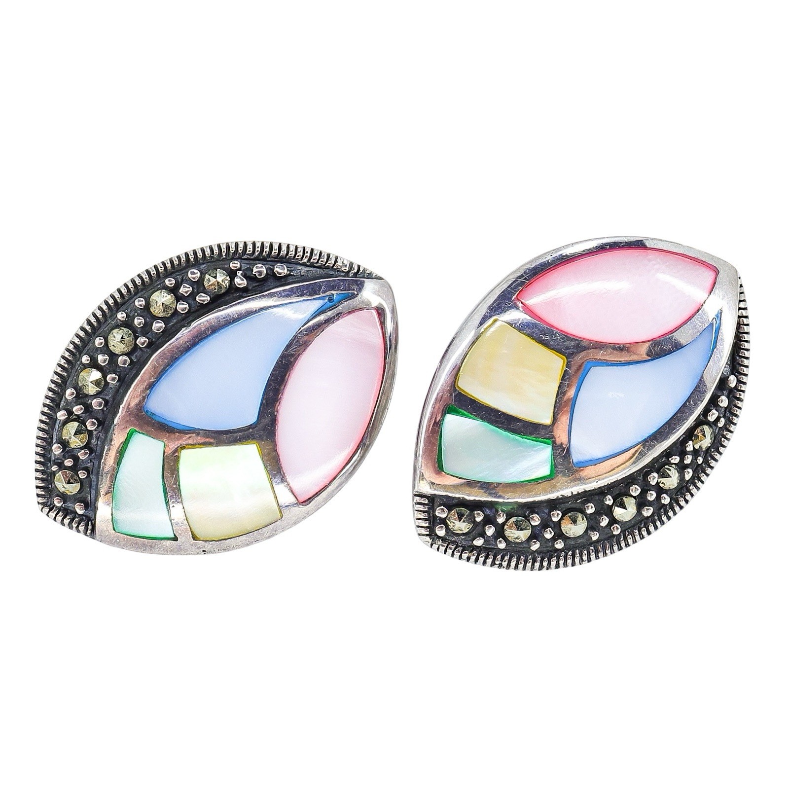 Lot Of 3 Sterling Silver Modernist Stud Earrings W Inlay Multistone Shell Resin