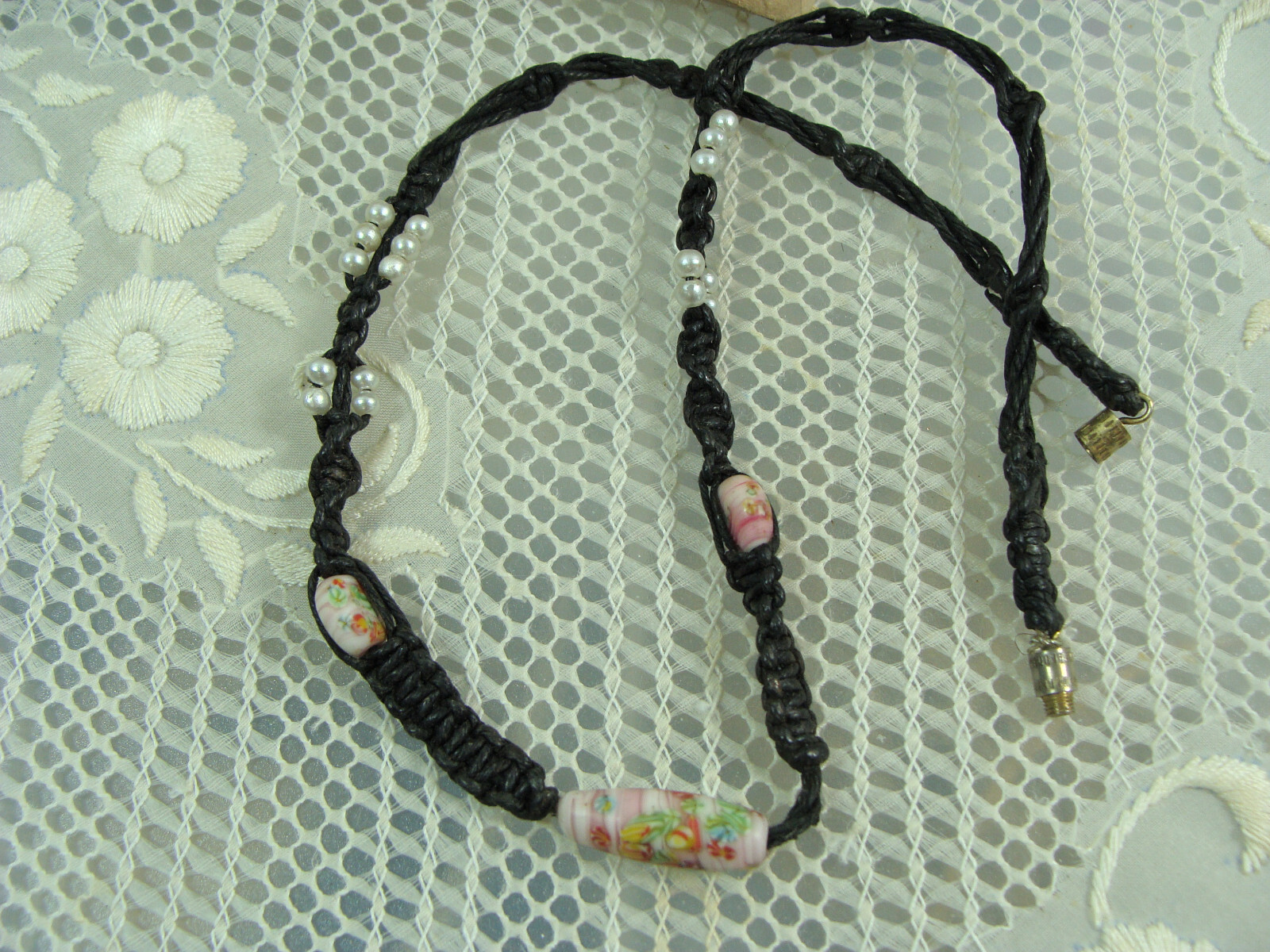 Vtg Millefiori Glass Bead Faux Pearl Hemp Macrame Bohemian Hippy Choker Necklace