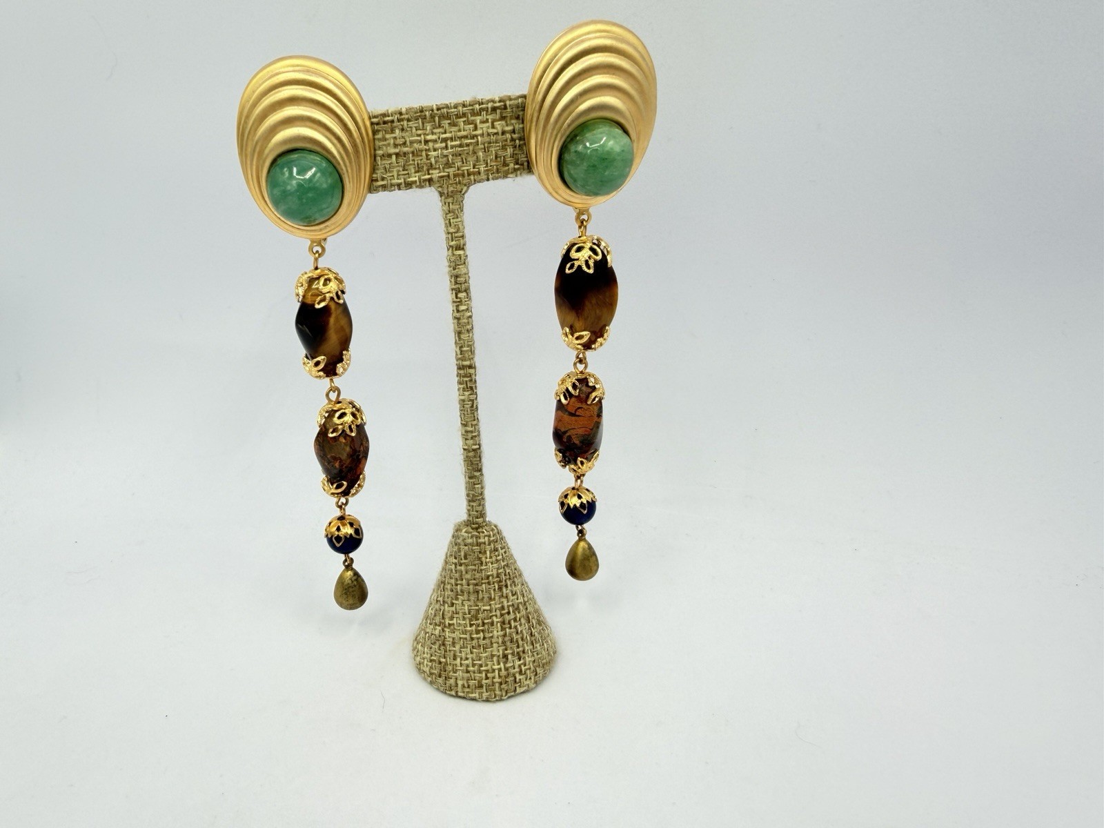 Vintage Gold Green Red Brown Long Gemstone Bead Dangle Earrings RO-DO NOS PY