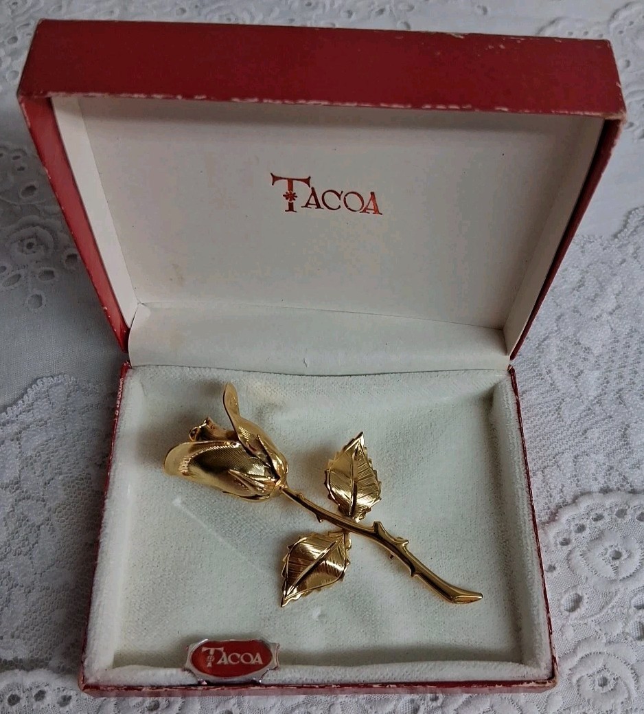 Tacoa Vintage 60s Gold Toned Brooch 3D Rose Box Set Stackable 3″ Retro Statement