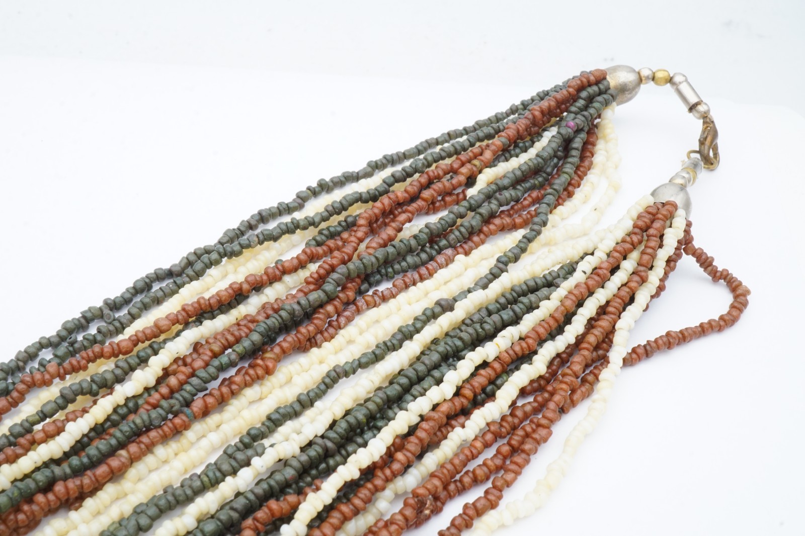 Vintage Necklace Silver Tone White Brown Green Seed Bead 31″