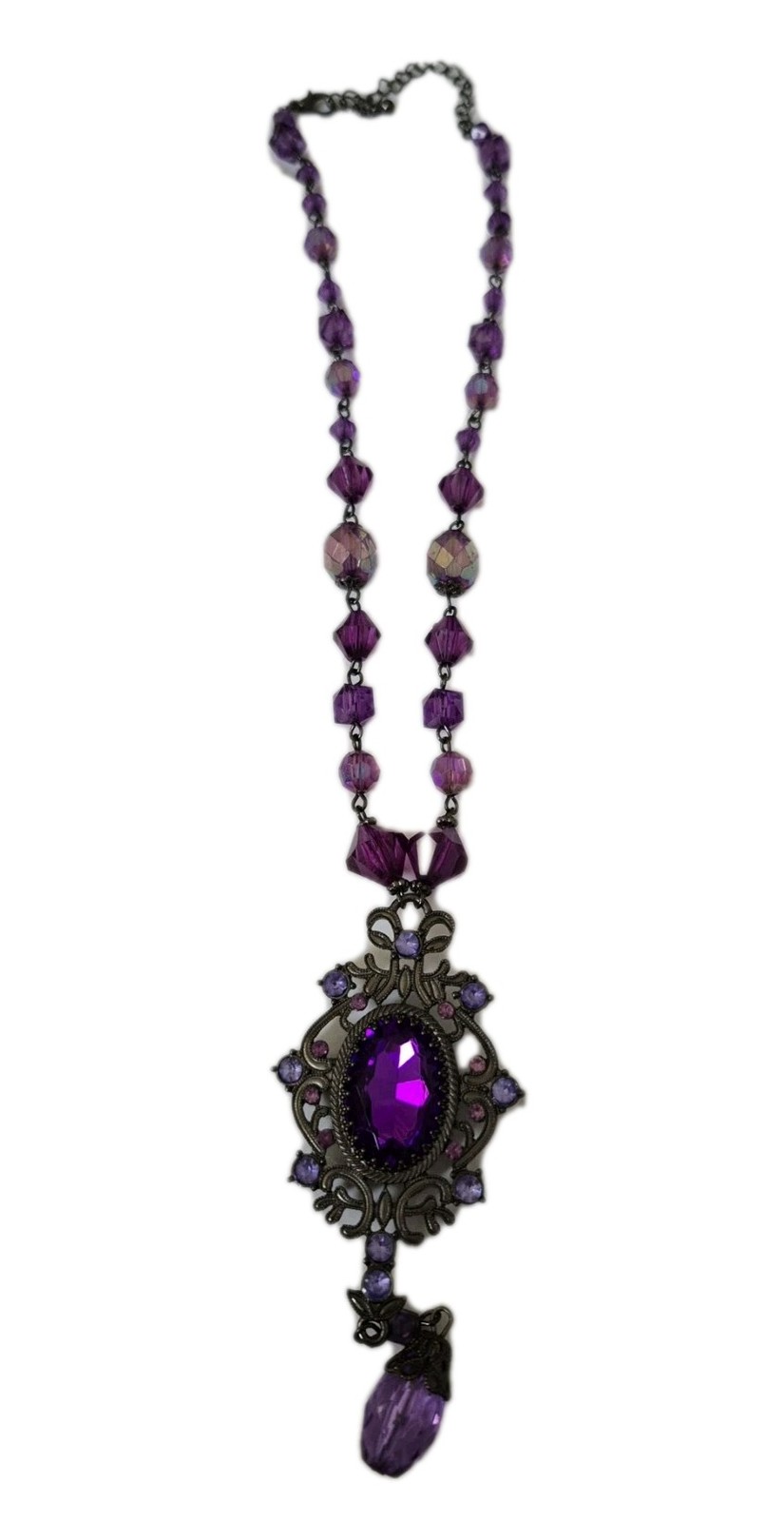 VTG Filigree Dangle Pendant Beaded Chain Purple Necklace 19″