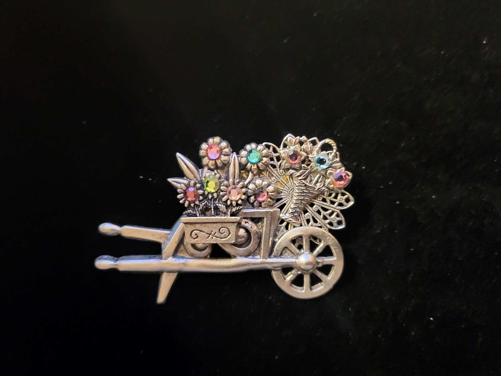 Vintage Intricate Wheelbarrow of Flowers, Pewter Tone with Rhinestones, Estate