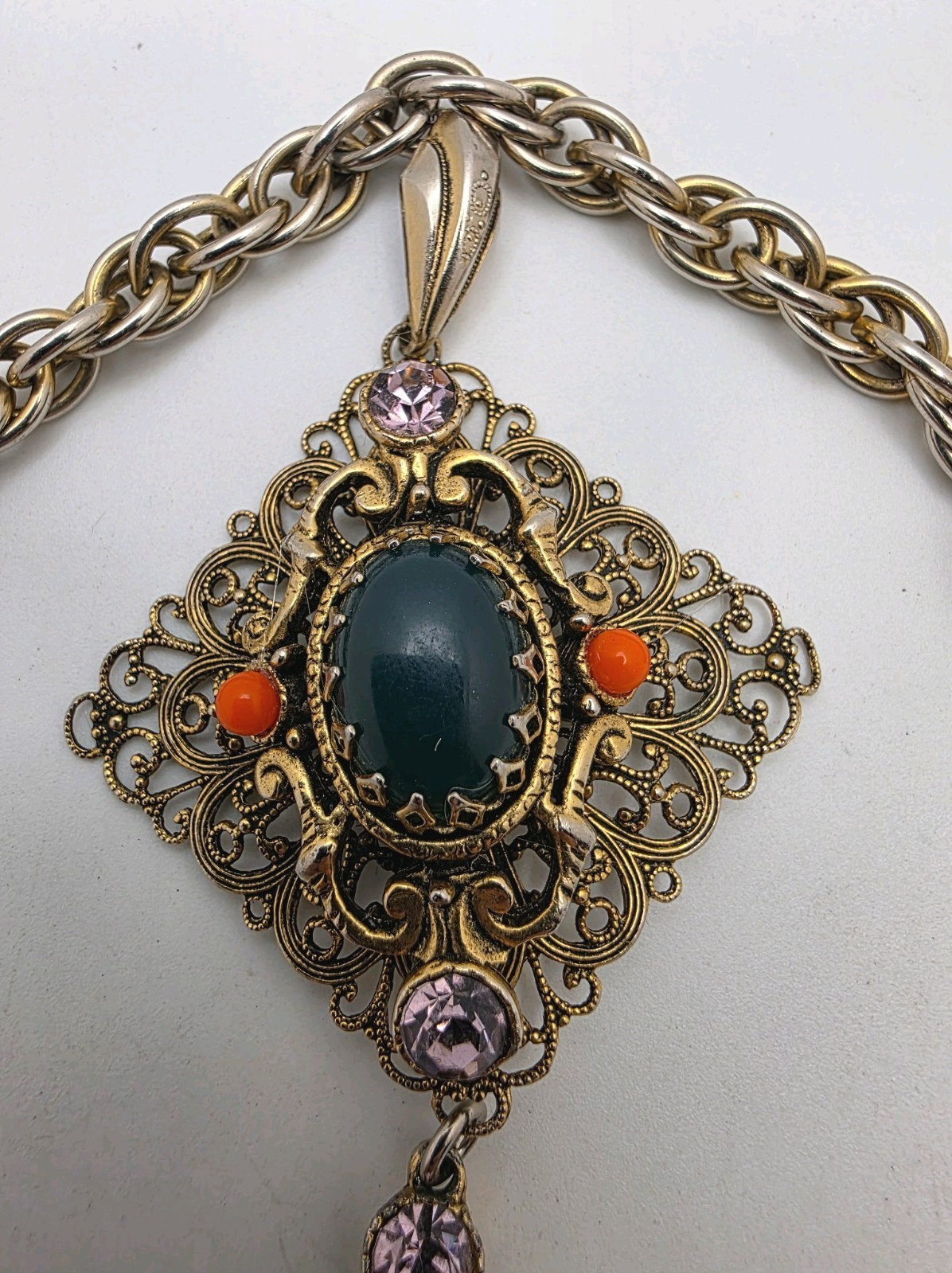 Vintage Large Green, Orange Cab & Purple Crystal 2 Tier Tassel Necklace – READ