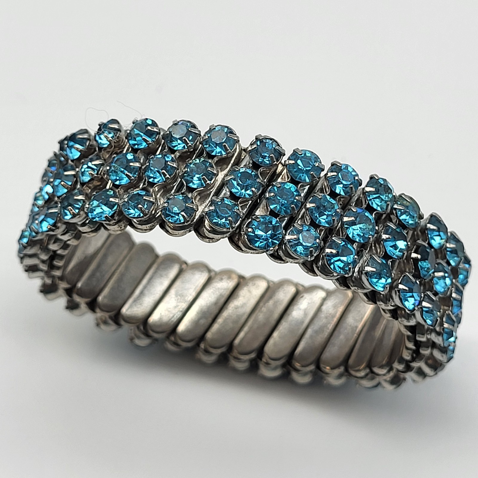 Stunning Vintage Expansion Bracelet Blue rhinestone MCM retro costume jewelry