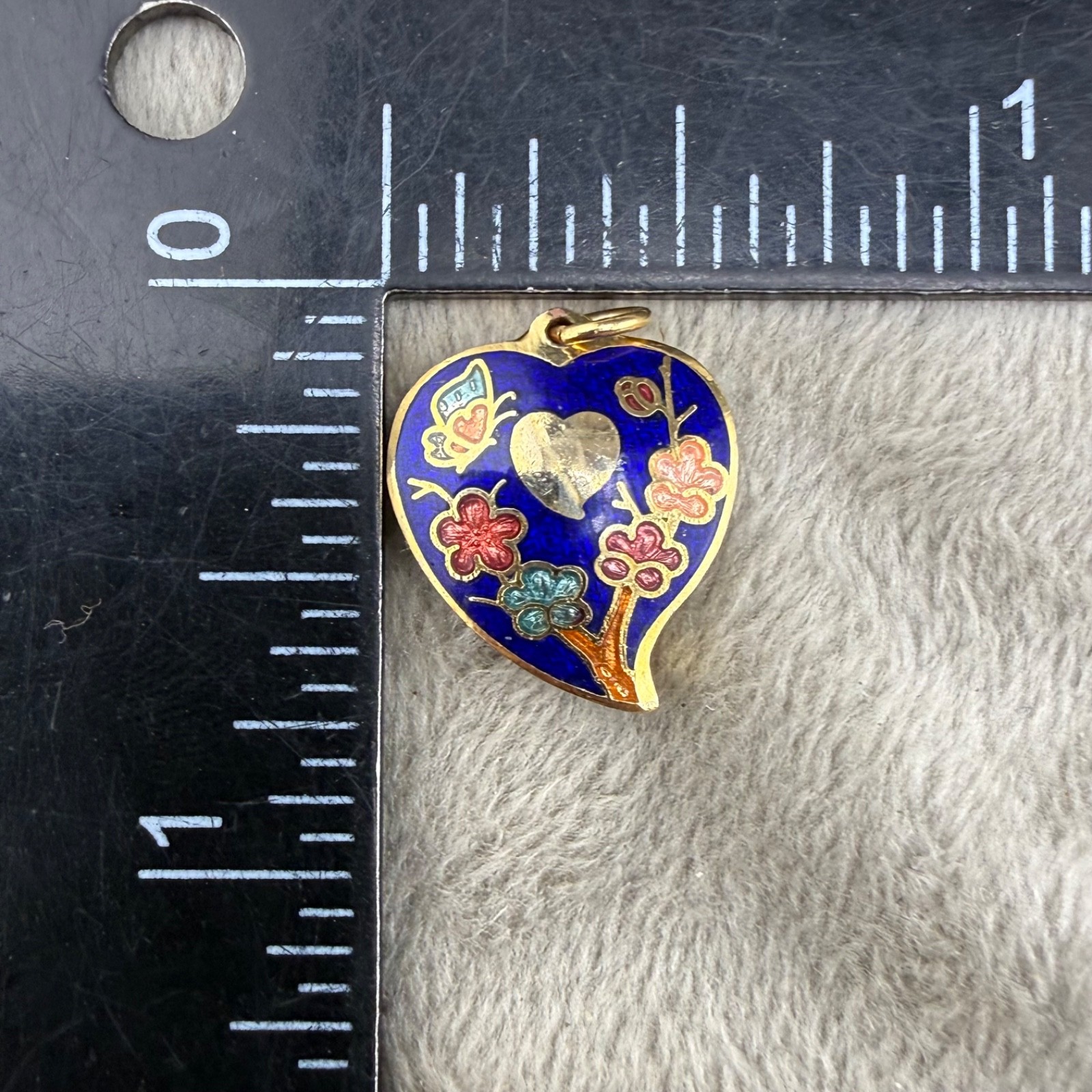 Vintage Cloisonne Pendant Heart Puff Enamel Gold Tone