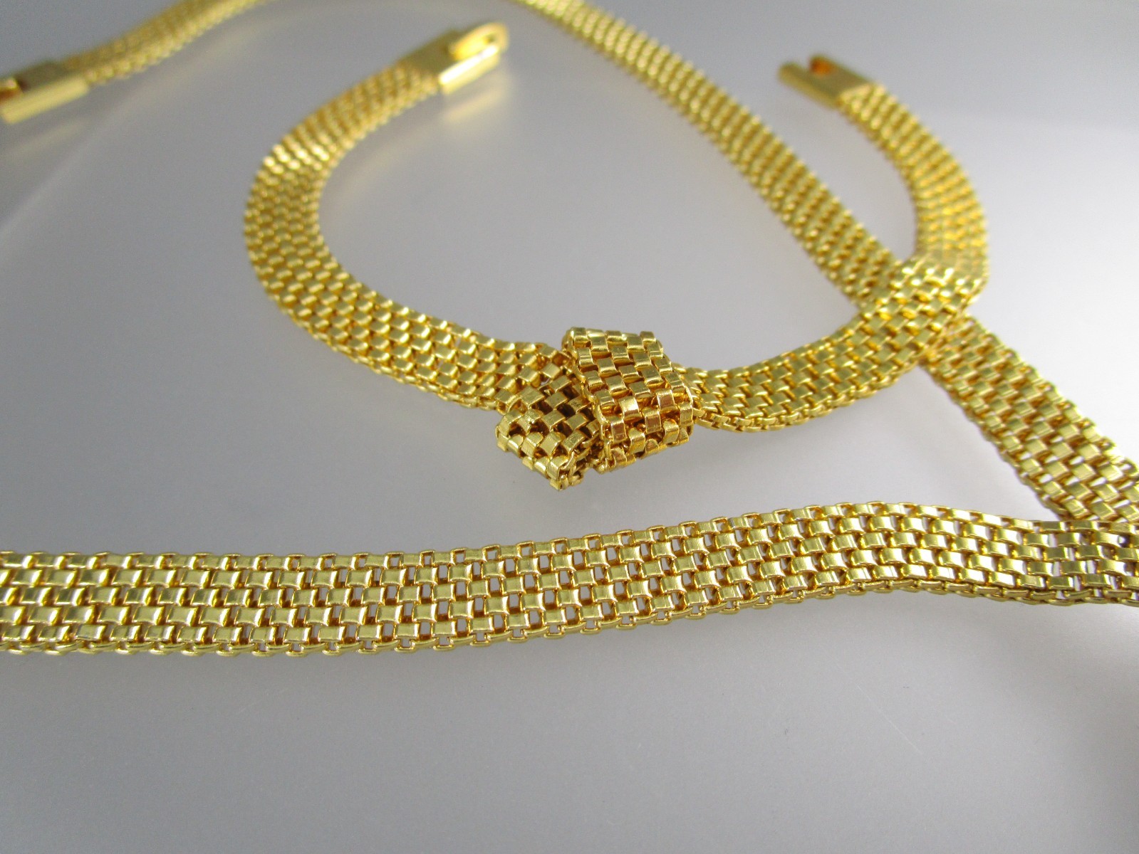 Vontage Gold Tone Metal Knotted Mesh link Chain SET Necklace & Bracelet 953