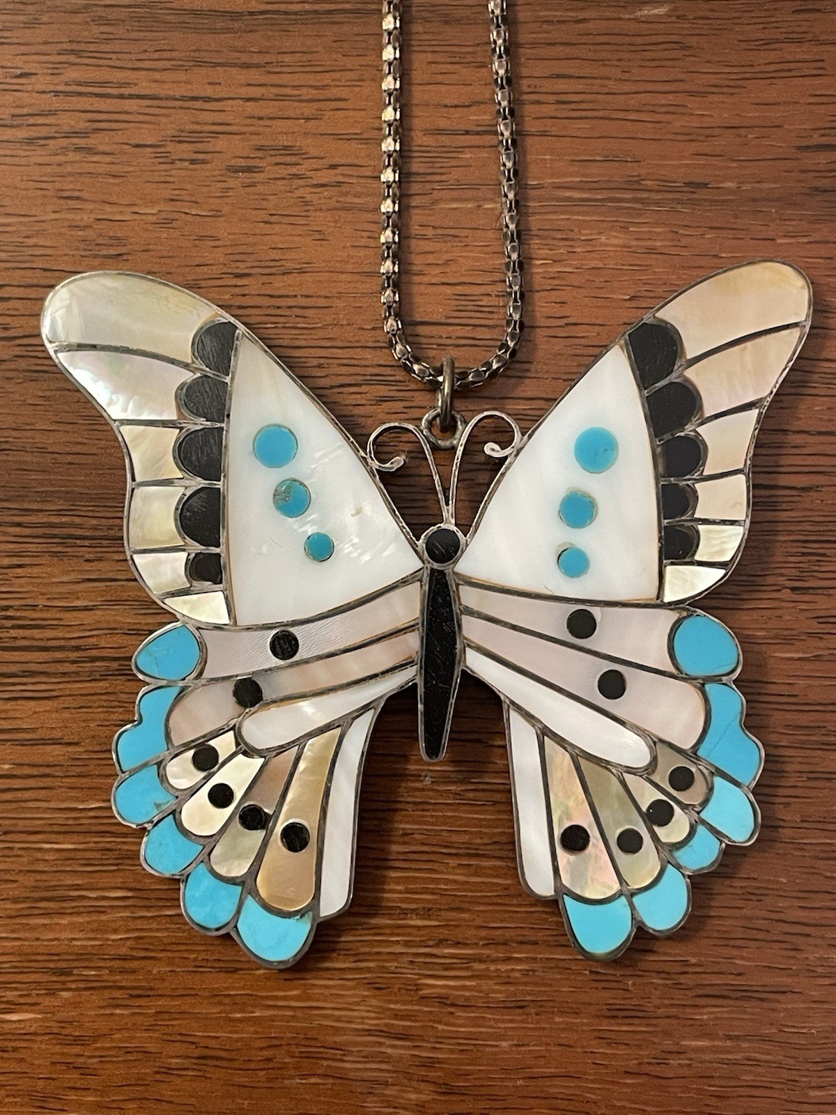 Vintage Sterling Silver Large Butterfly Inlay Turquoise Pendant & Necklace