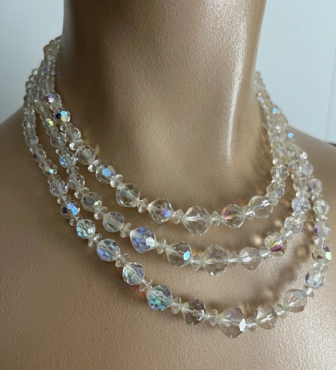 Vintage 3 Strand AB Aurora Borealis Crystal Glass Faceted Bead Necklace Crafts