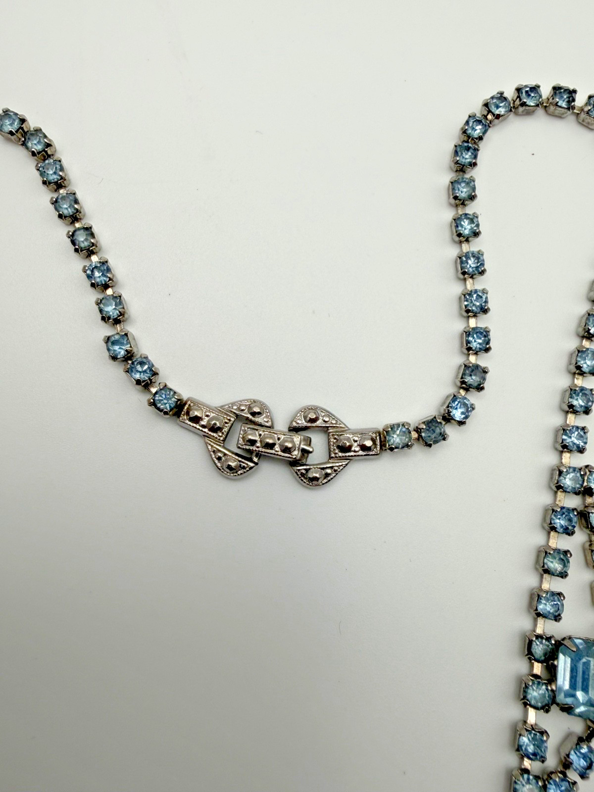 Vintage light blue rhinestone statement necklace in silver-tone setting – 16.5 “
