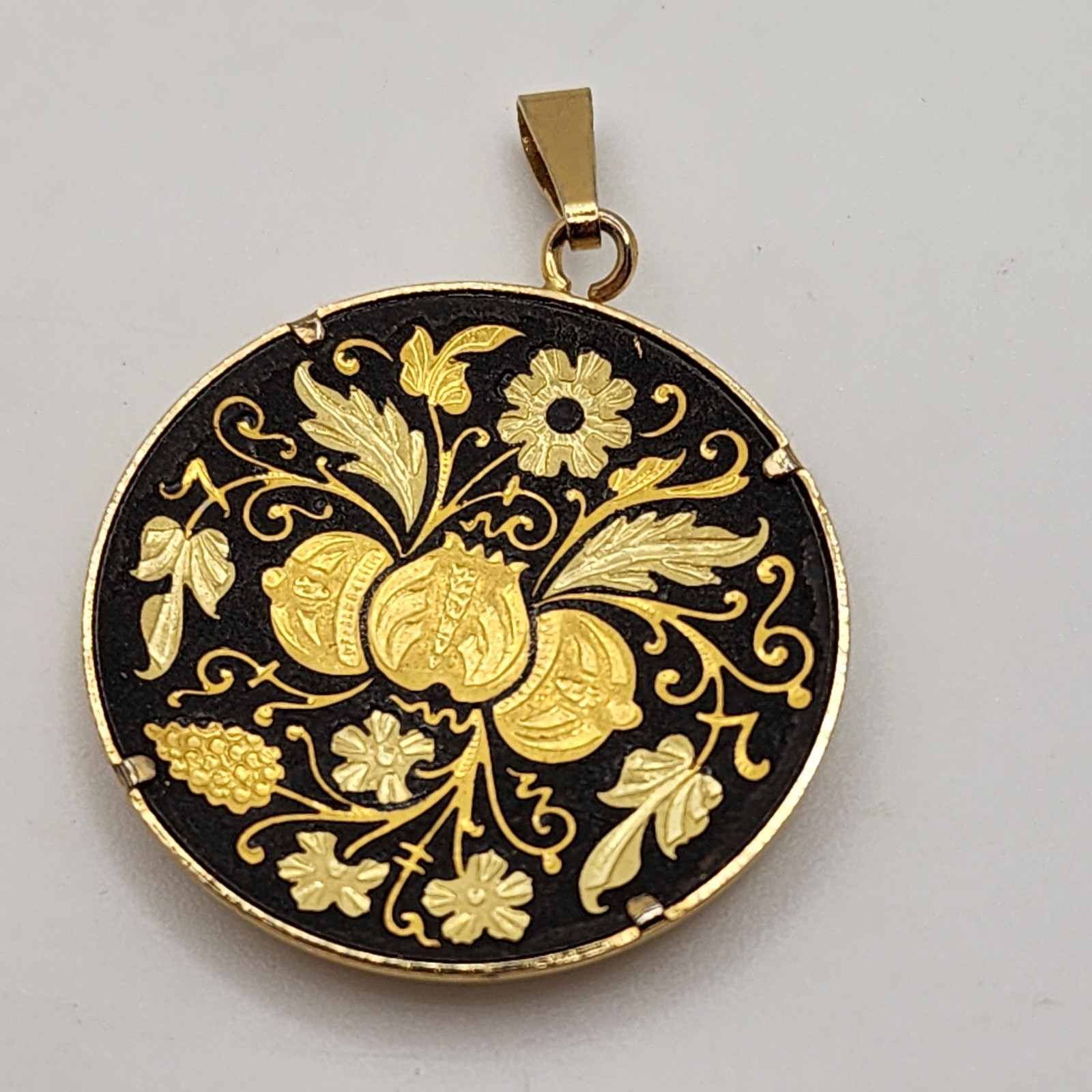 Vintage Spanish Damescene Necklace Pendant Flowers Fruit Black Gold Tone Lg 1.5